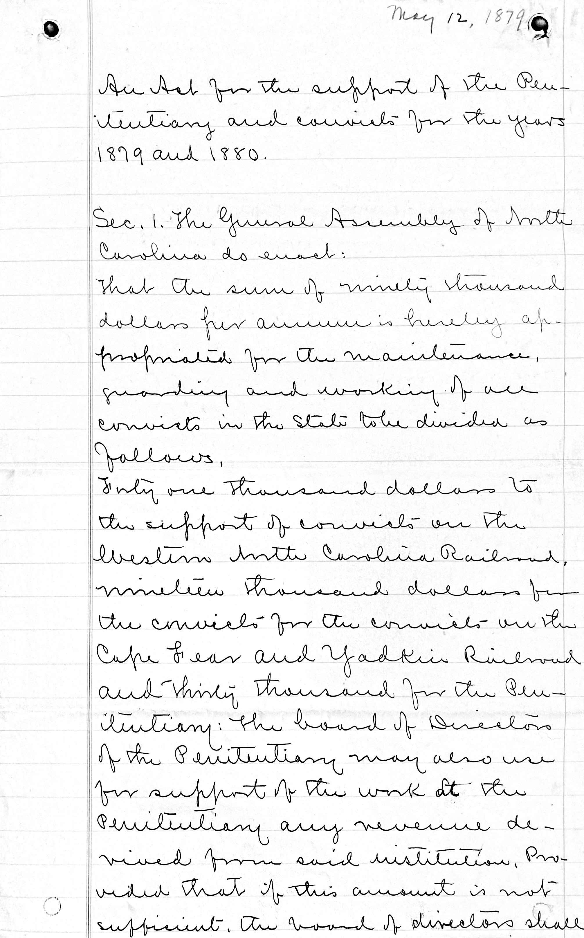 An Act For The Support Of The Penitentiary And Convicts For The Years 1879 And 1880