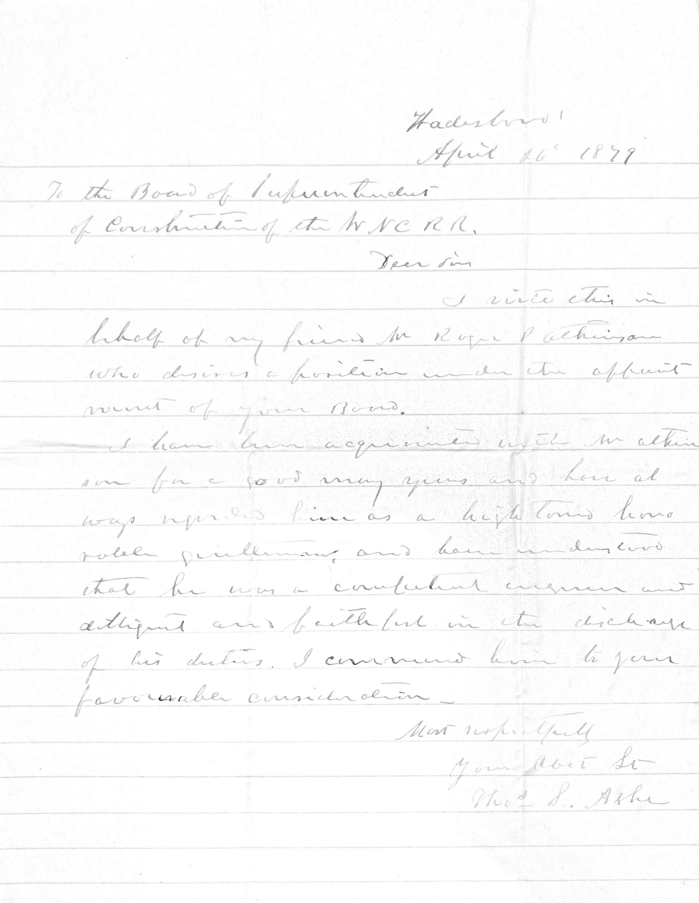 Thomas S. Ashe to James W. Wilson, 26 April 1879