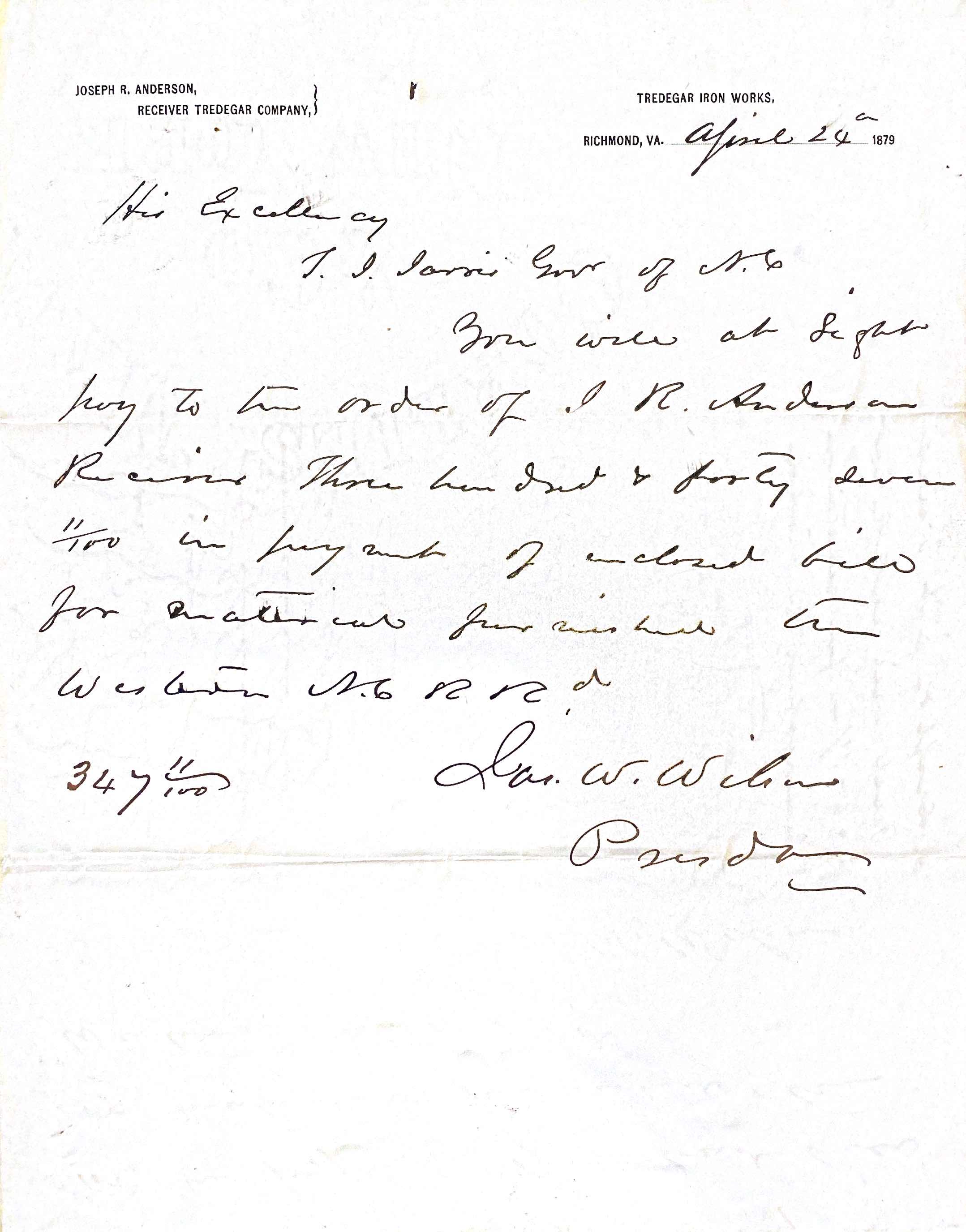 James W. Wilson to Thomas J. Jarvis, 24 April 1879