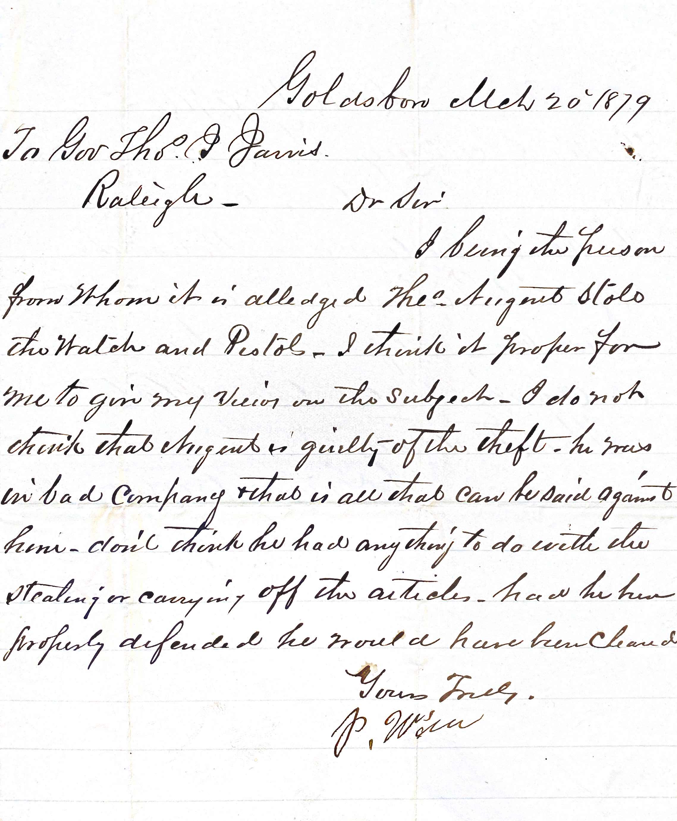 P. Winn to Thomas J. Jarvis, 20 March 1879