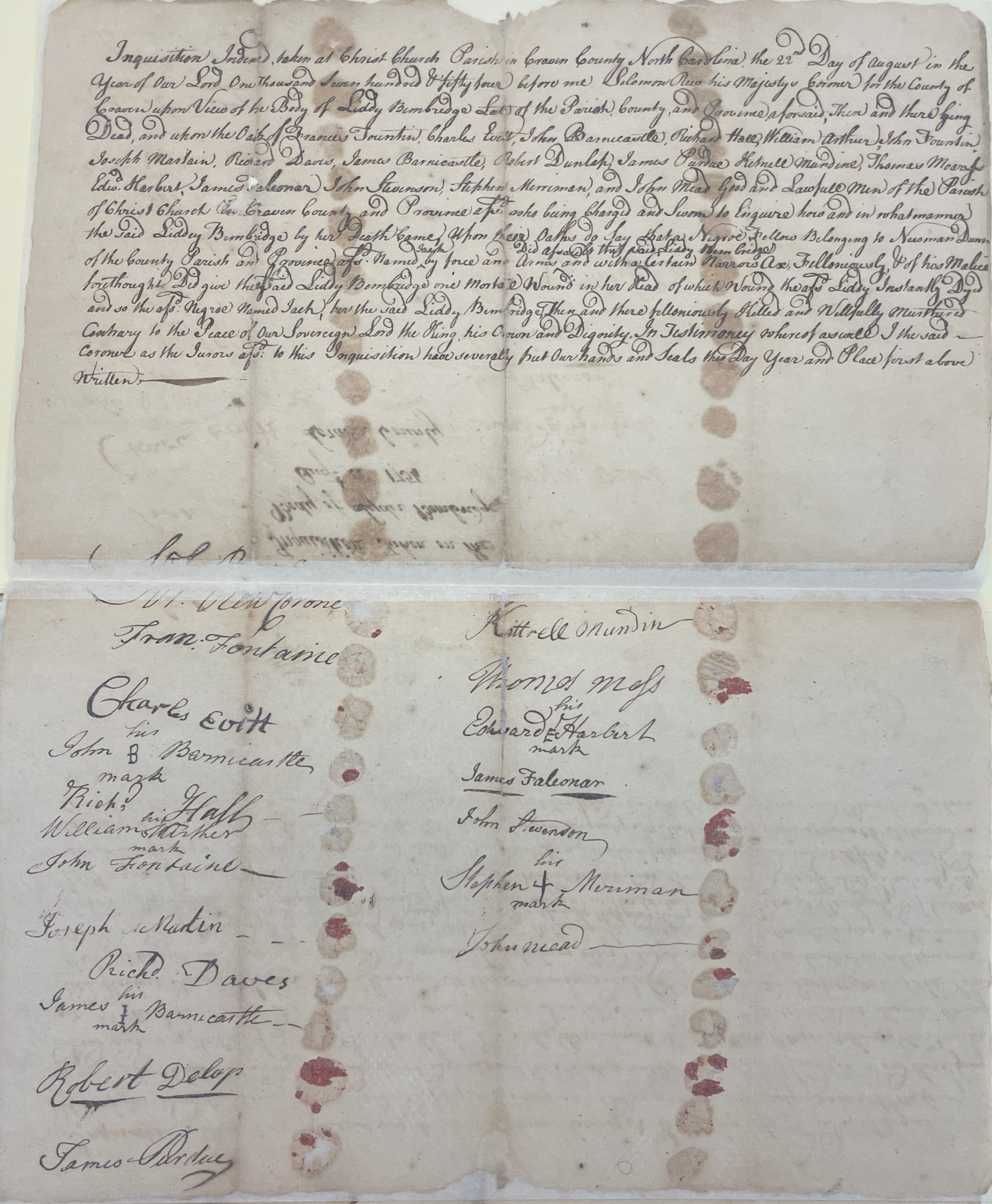 Coroner's Inquest for Lydia Bembridge, 22 August 1754, page 1