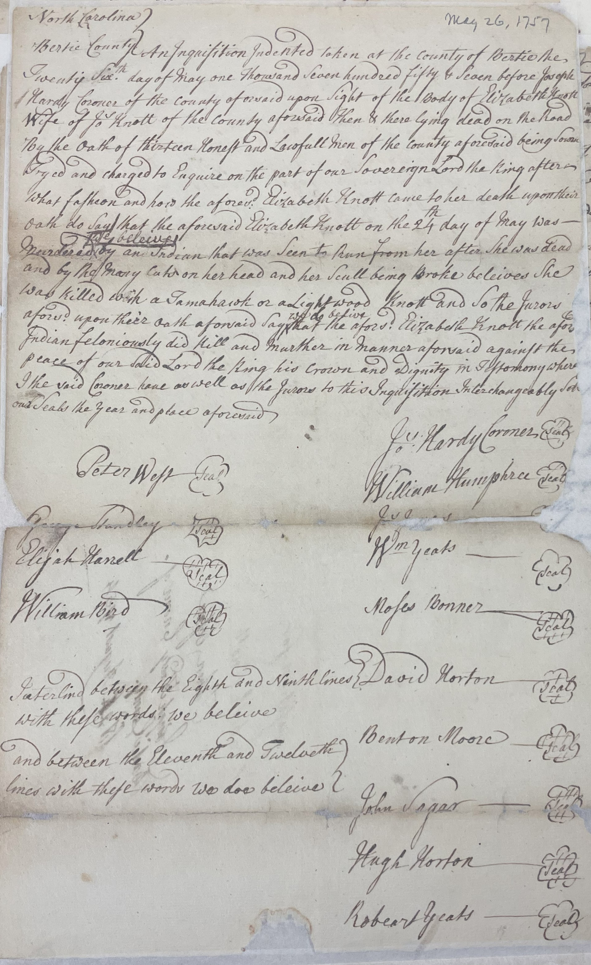 Coroner's Inquest for Elizabeth Knott, 26 May 1757, page 1