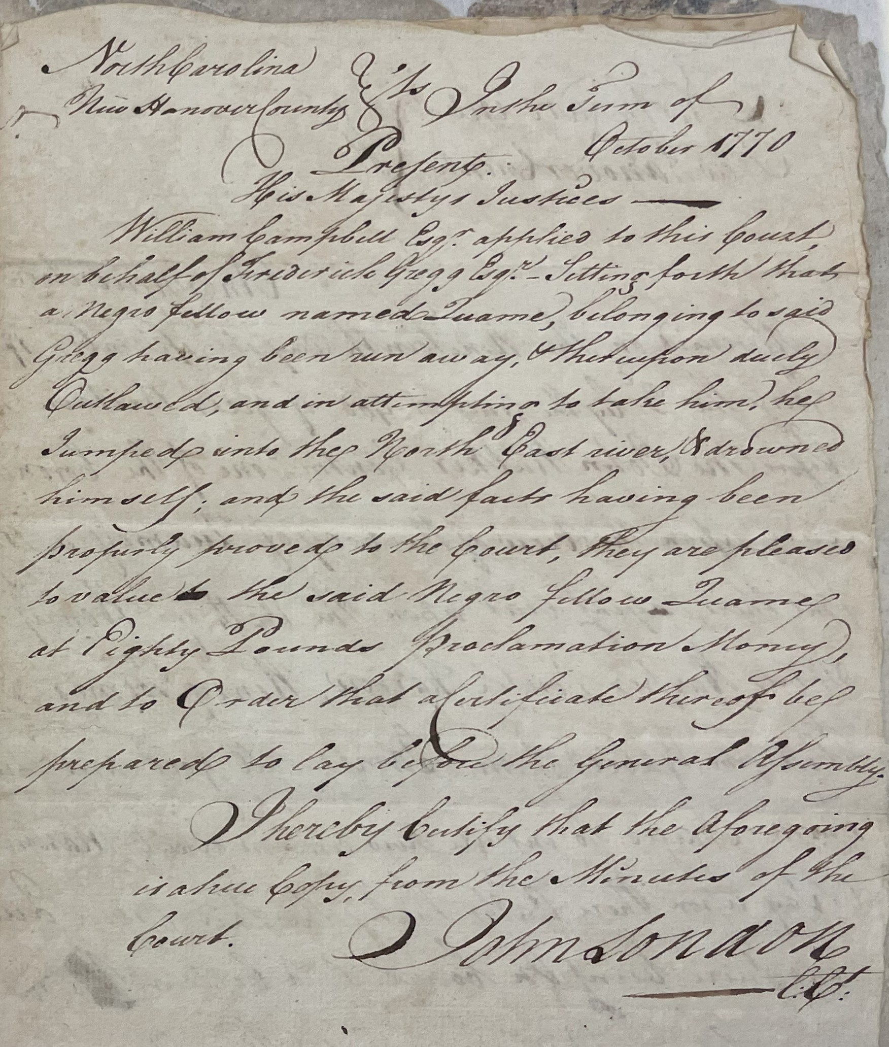 Claim from Frederick Gregg for Quame, 25 October 1770, page 1