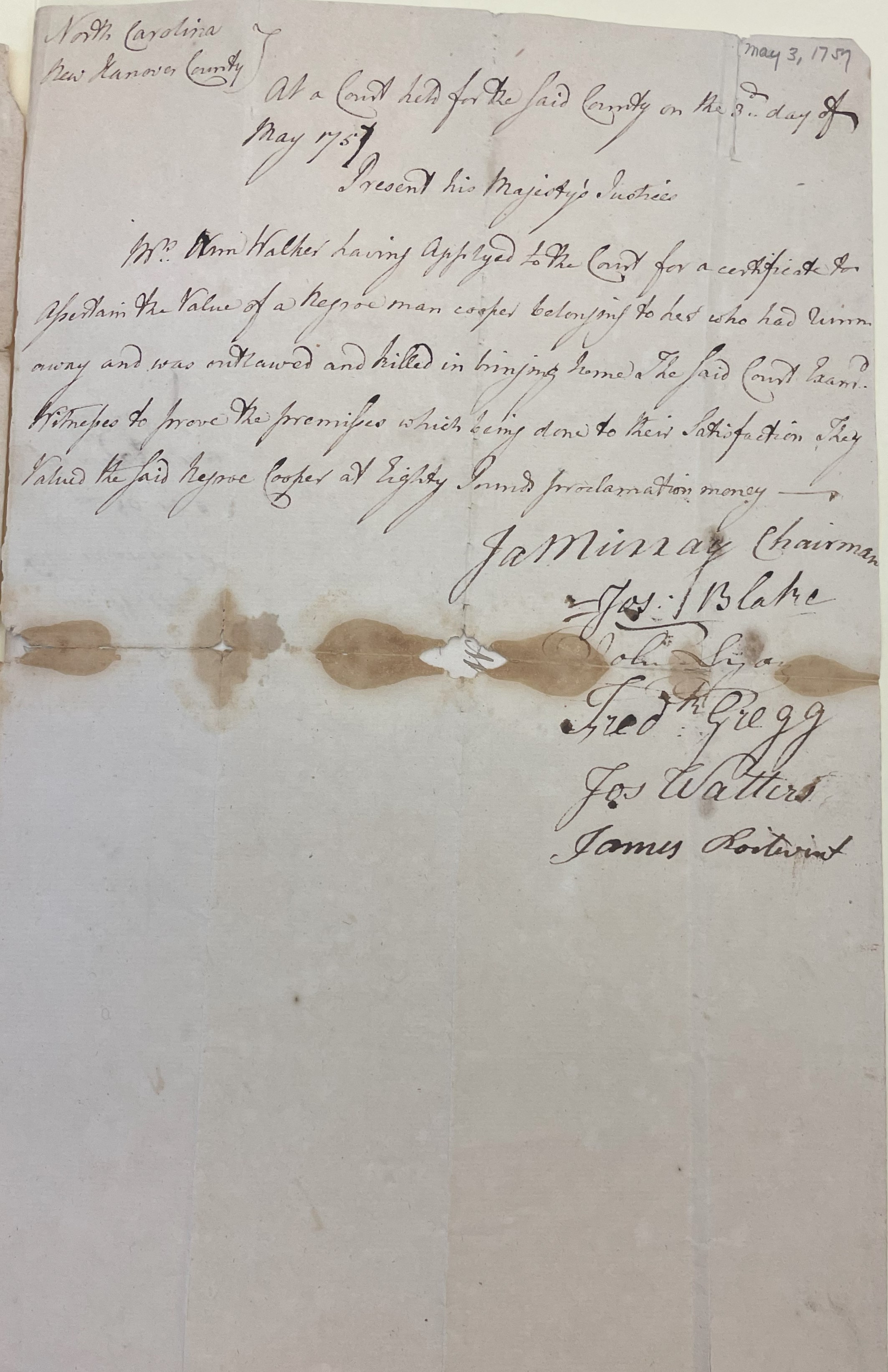 Claim from Ann Walker for Cooper, 3 May 1757, page 1