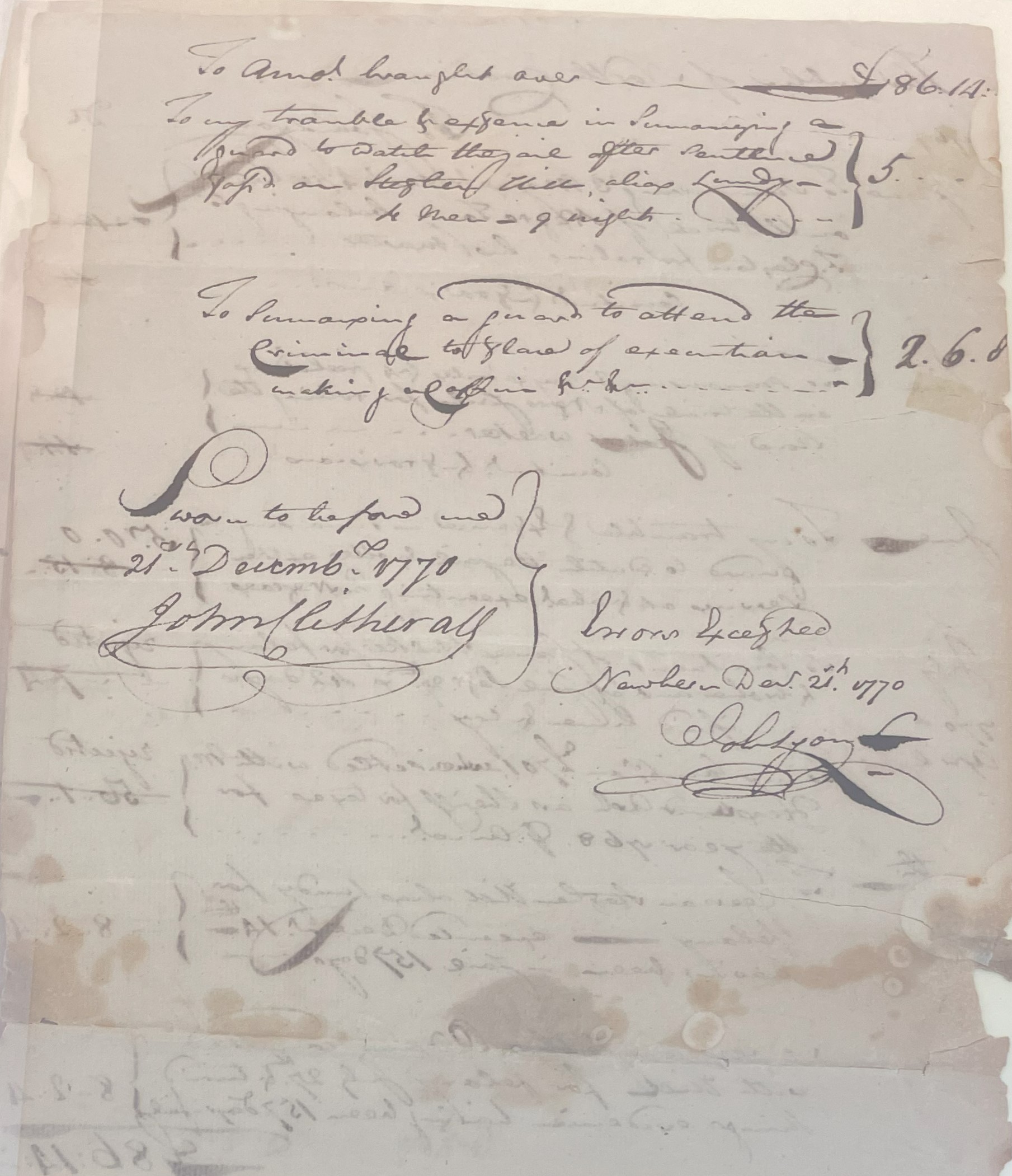 Bill from John Lyon for Jailing Enslaved People, 21 December 1770, page 2