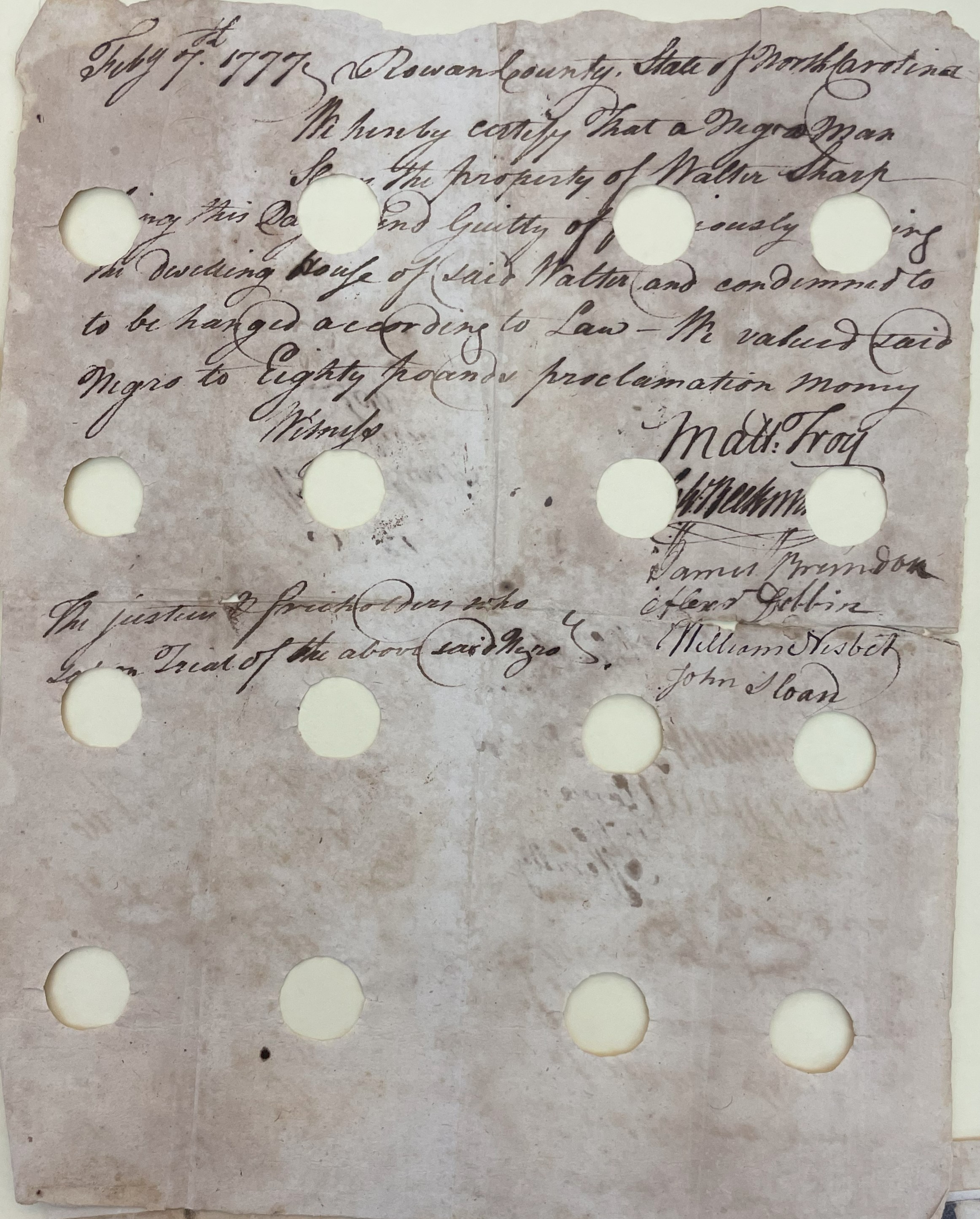 Claim from Walter Sharp for Toney, 7 February 1777, page 1