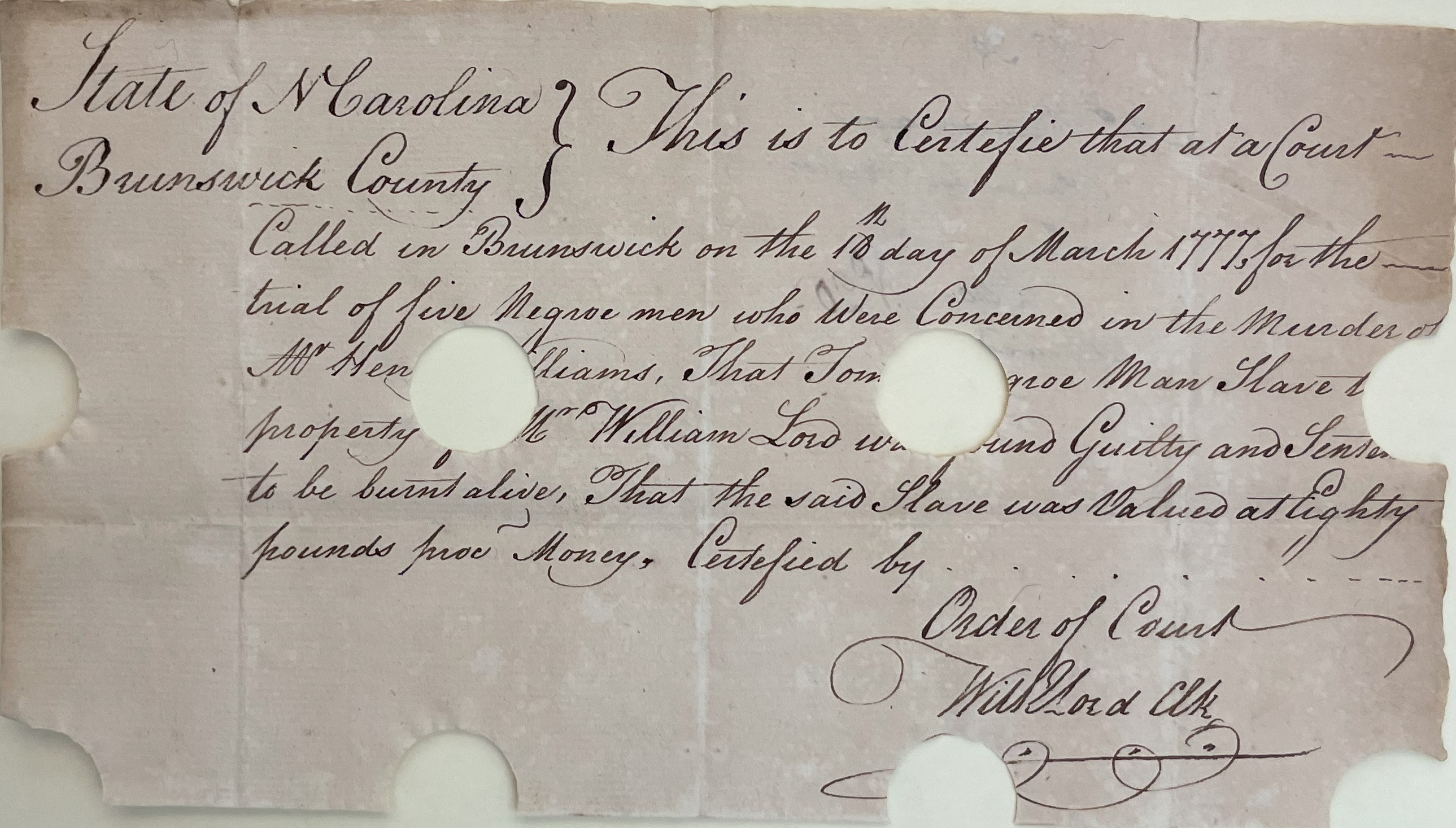 Claim from William Lord for Tom, 18 March 1777, page 1