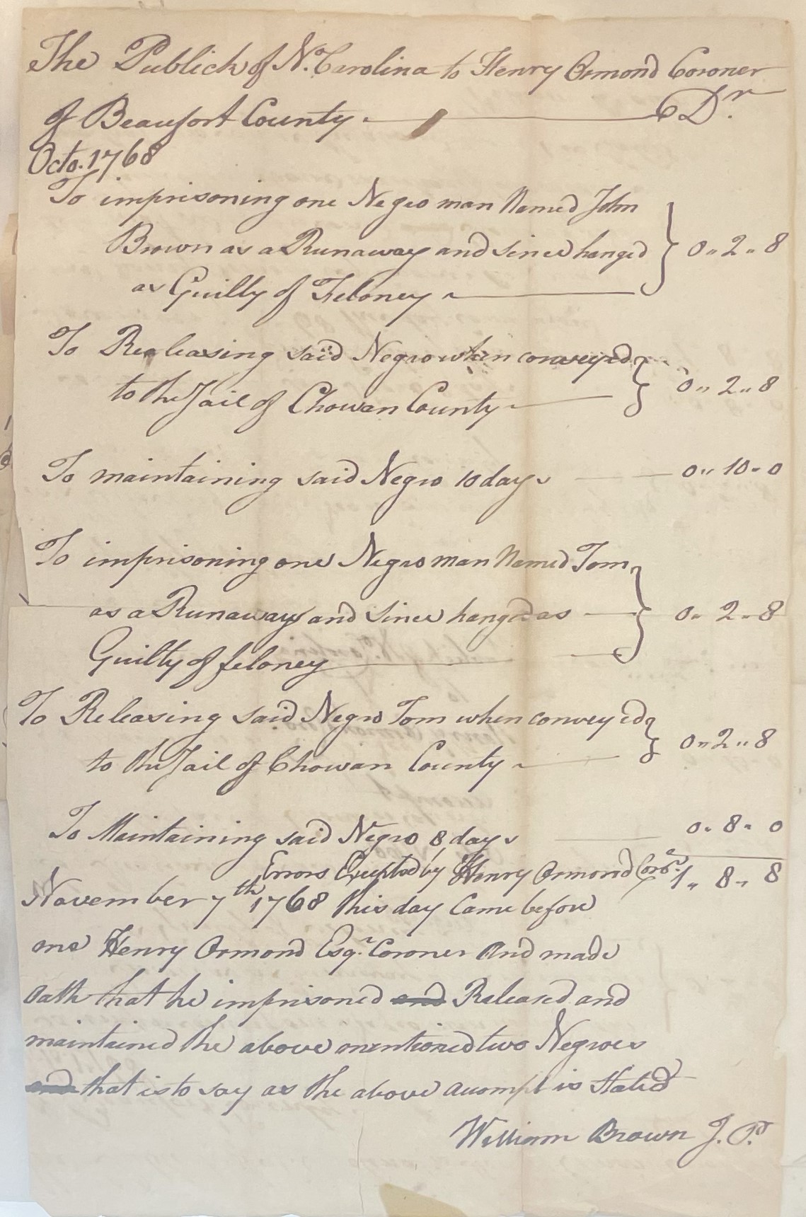Bill from Henry Ormond for John Brown and Tom, 7 November 1768, page 1