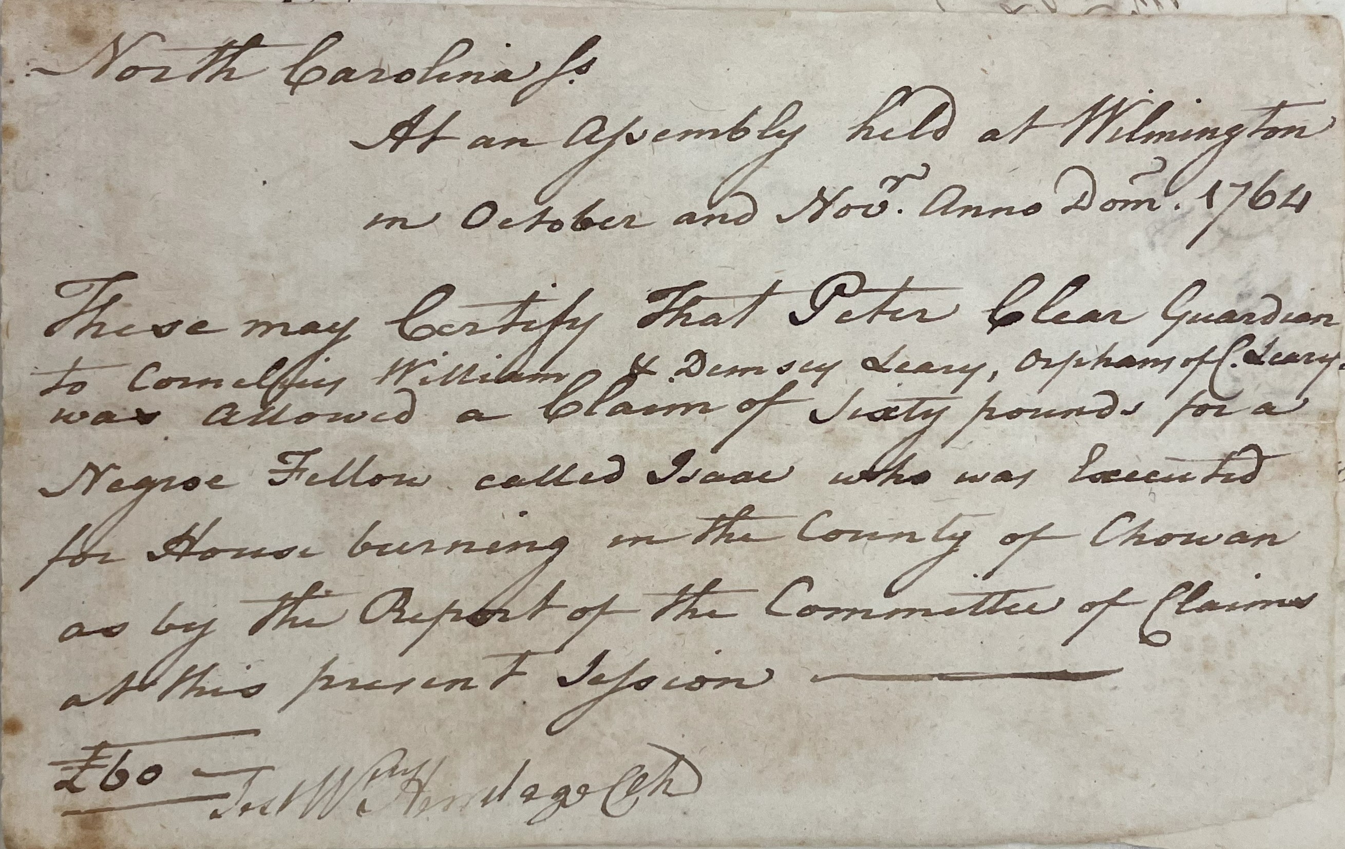 Claim from Peter Clear et. al. for Isaac, circa October 1764, page 1