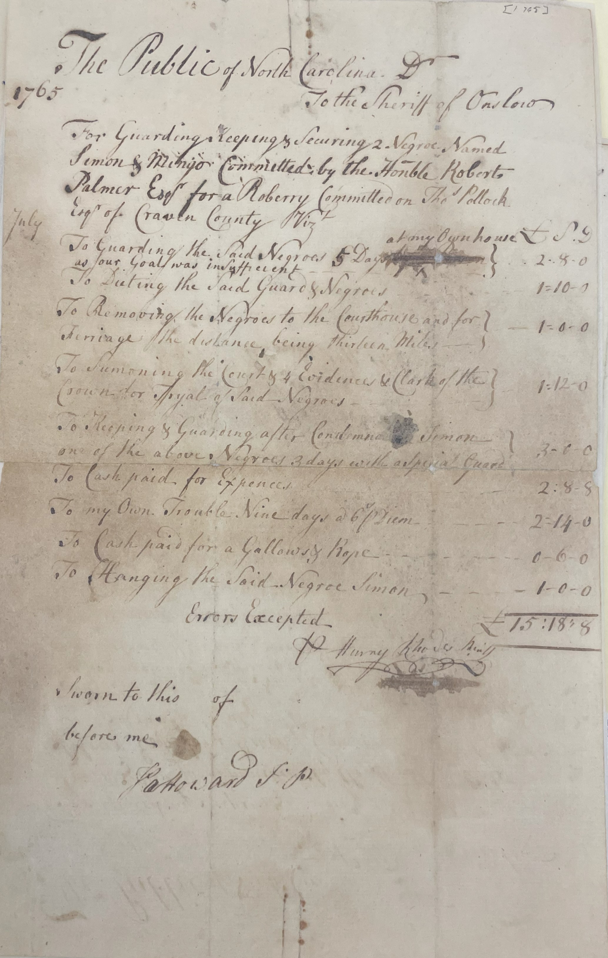 Bill from Henry Rhodes for Simon and Mingo, July 1765