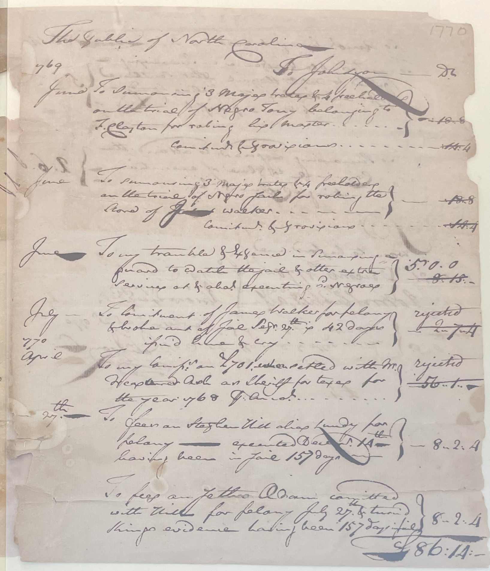 Bill from John Lyon for Jailing Enslaved People, 21 December 1770, page 1