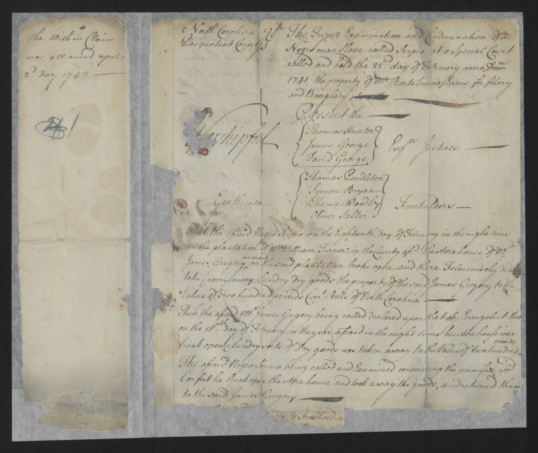 Trial of Scipio, 22 February 1741, page 1