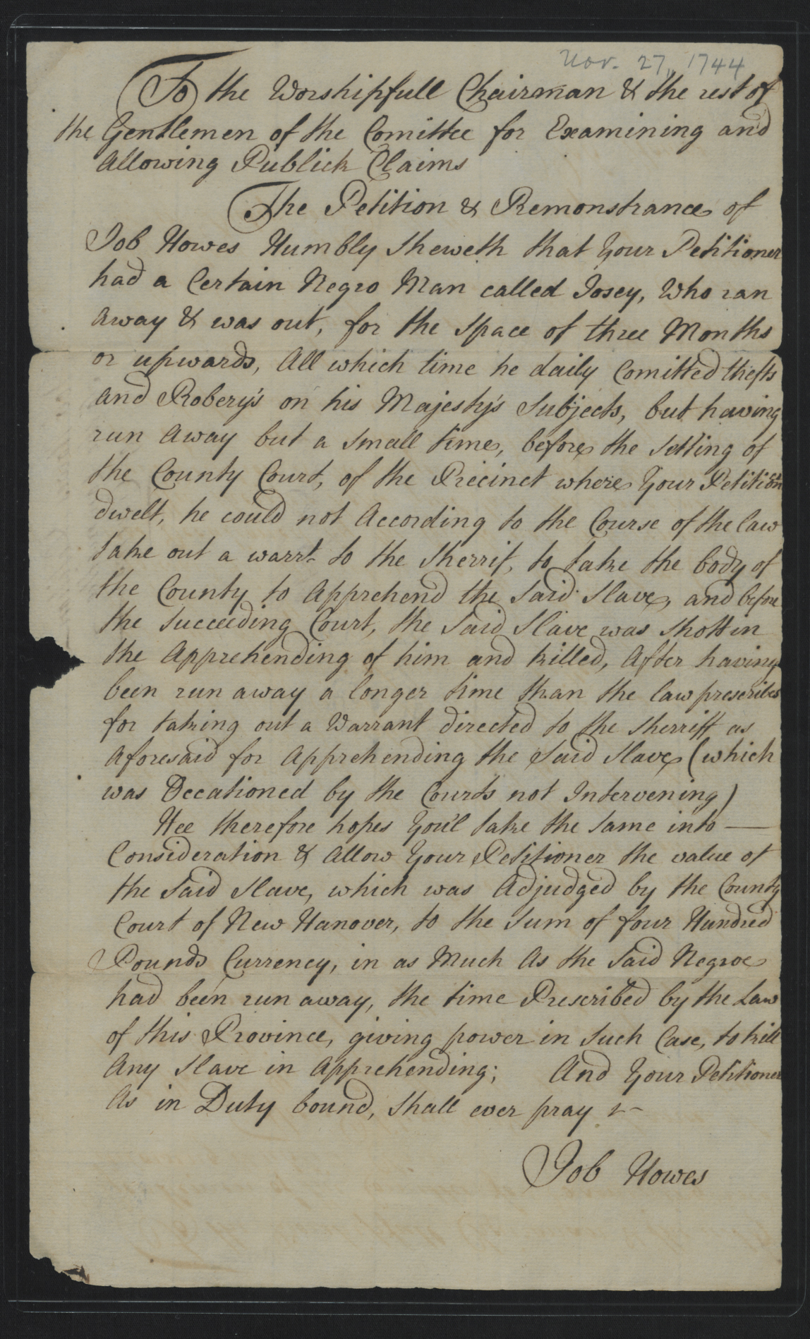 Petition from Job Howes concerning Josey, 27 November 1744, page 1