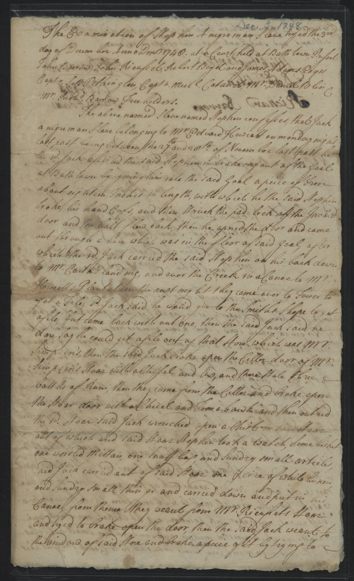 Examination of Stephen, 3 December 1748, page 1