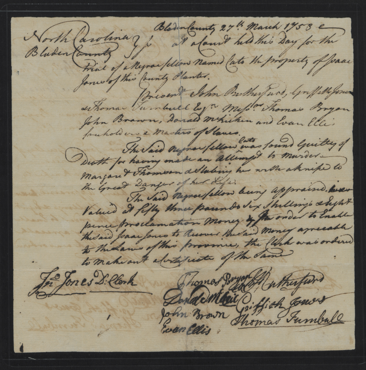 Claim from Isaac Jones for Cato, 27 March 1753, page 1