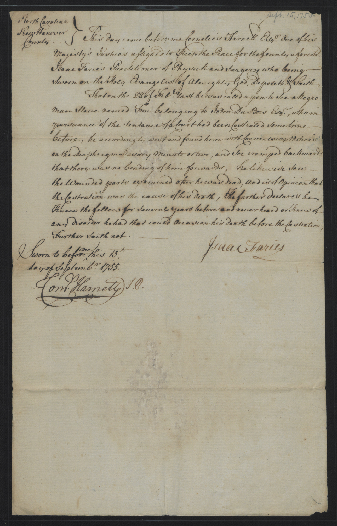 Deposition of Isaac Farris, 15 September 1755, page 1