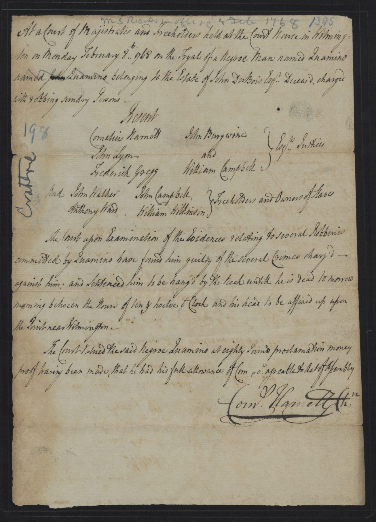 Trial of Quamino, 8 February 1768, page 1