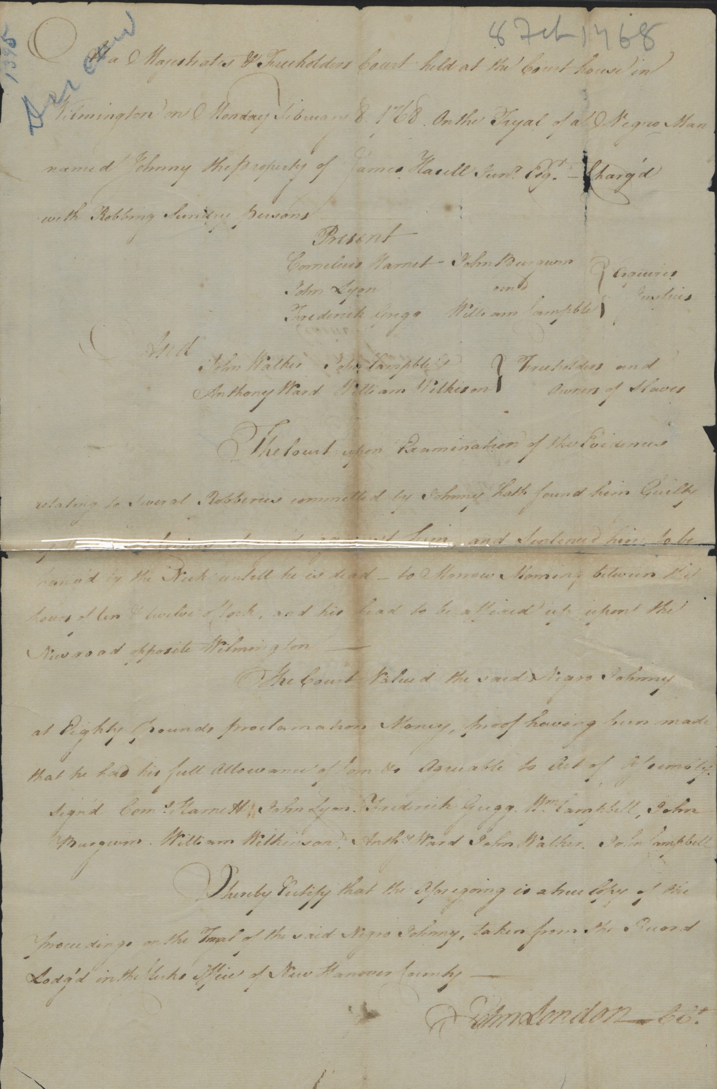 Trial of Johnny, 8 February 1768, page 1