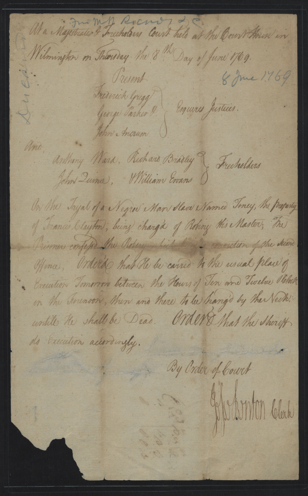 Trial of Toney, 8 June 1769, page 1