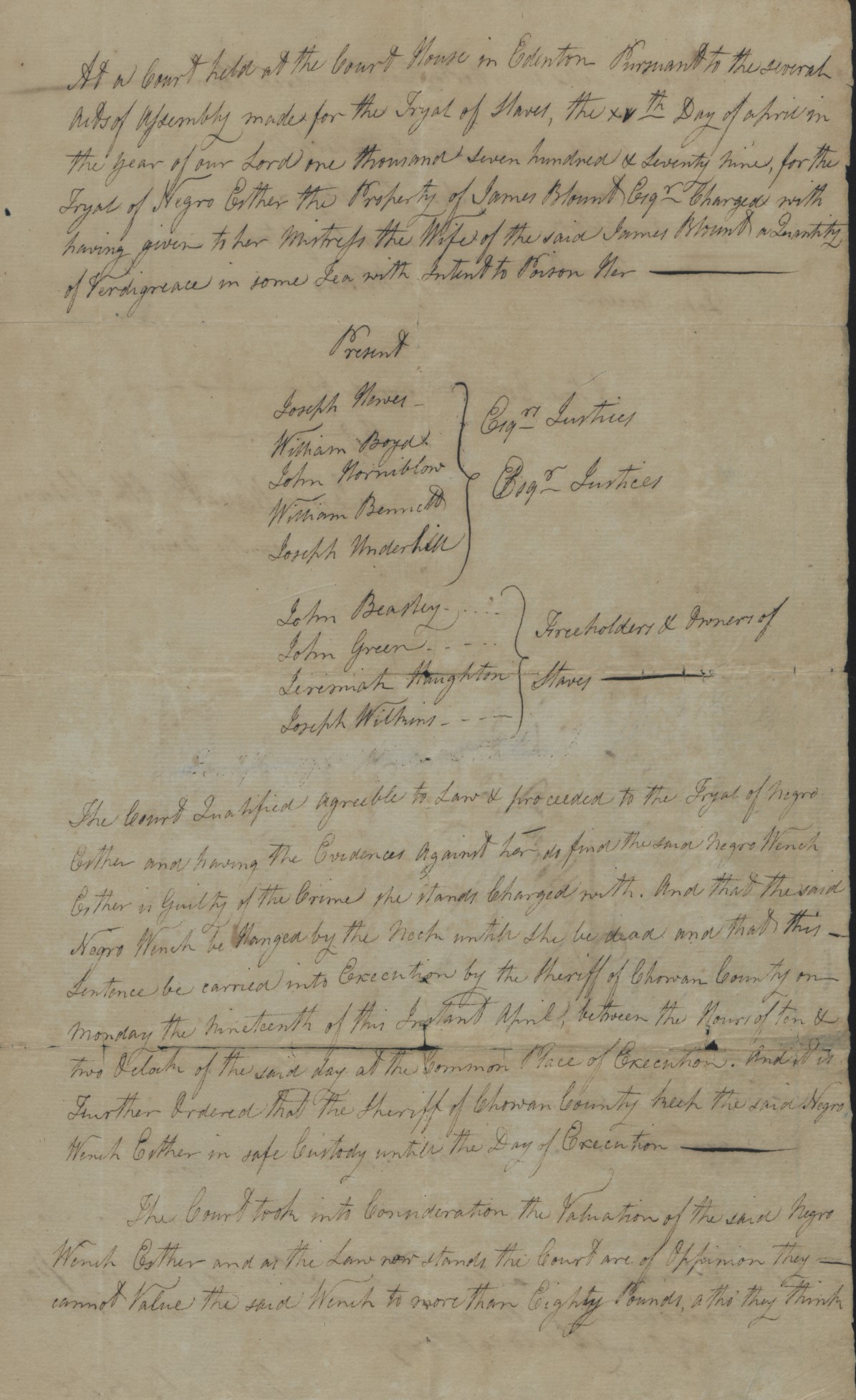 Trial of Esther, 15 April 1779, page 1