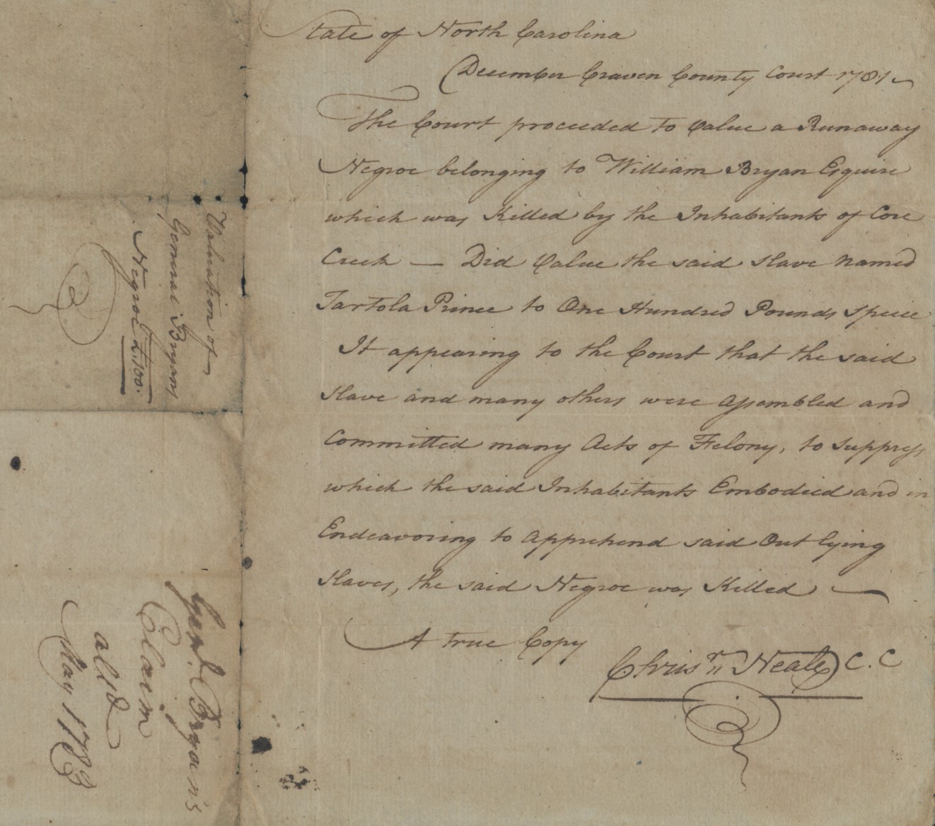 Claim from William Bryan for Tartola Prince, December 1781
