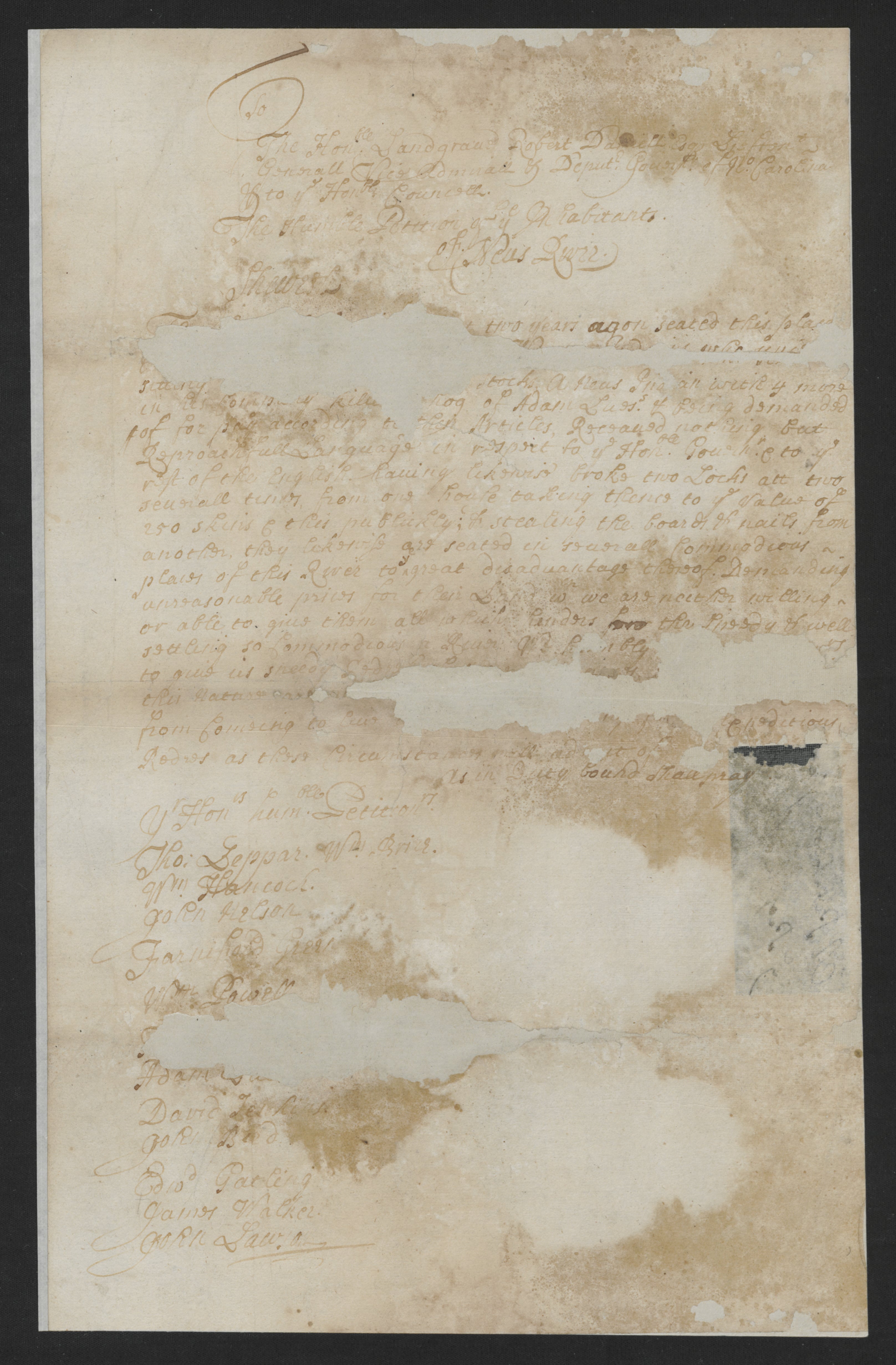 Petition of the Inhabitants of Neuse River to the North Carolina Council, circa 1703-1705, page 1