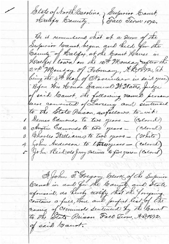 State of North Carolina vs. Dennis Edmonds, Austin Edmonds, Charles Williams, John Anderson, and John Reid, 11 November 1872
