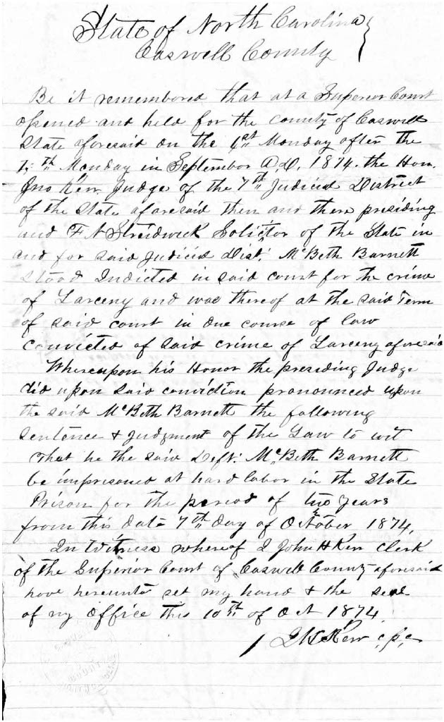 State of North Carolina vs. Macbeth Barnet, 7 October 1874