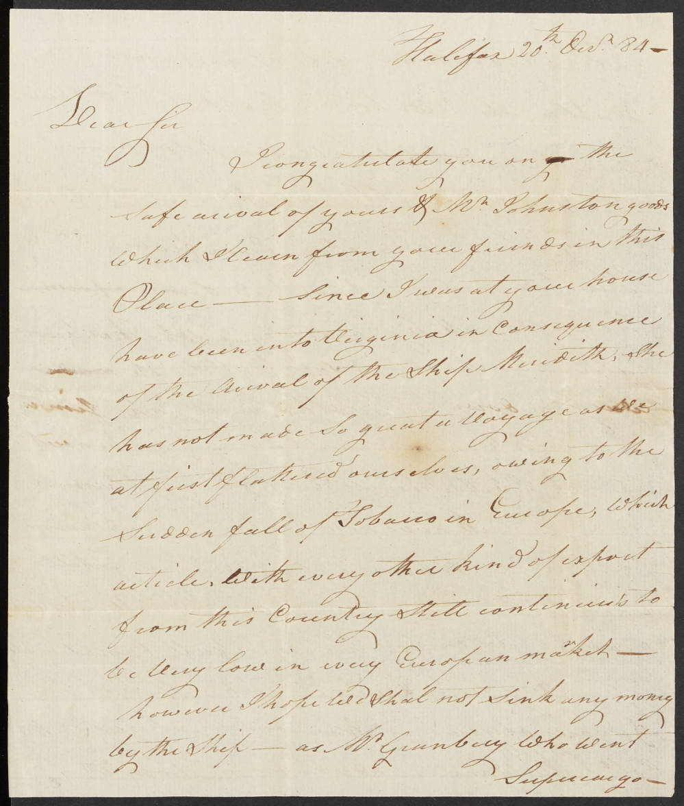Letter from Thomas Amis to Richard Bennehan, 20 December 1784, page 1