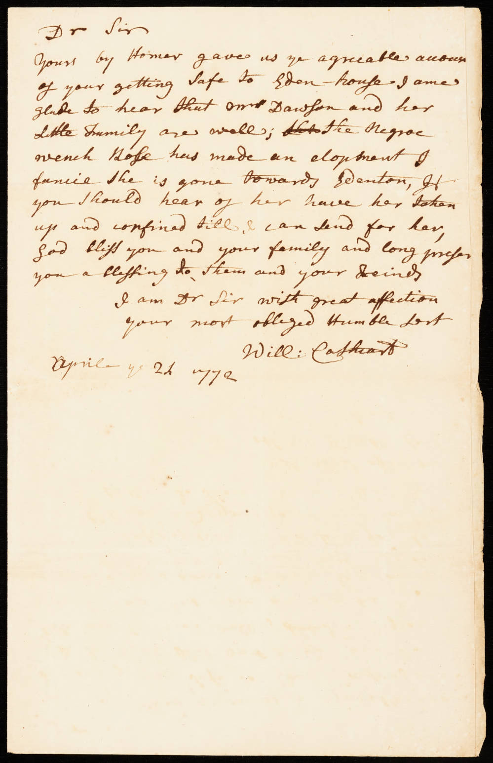 Letter from William Cathcart to Samuel Johnston, 24 April 1772, page 1