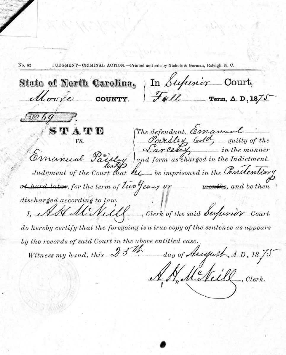 State of North Carolina vs. Emanuel Paisley