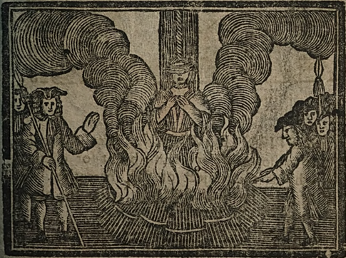 Engraving of a woman being burned at the stake