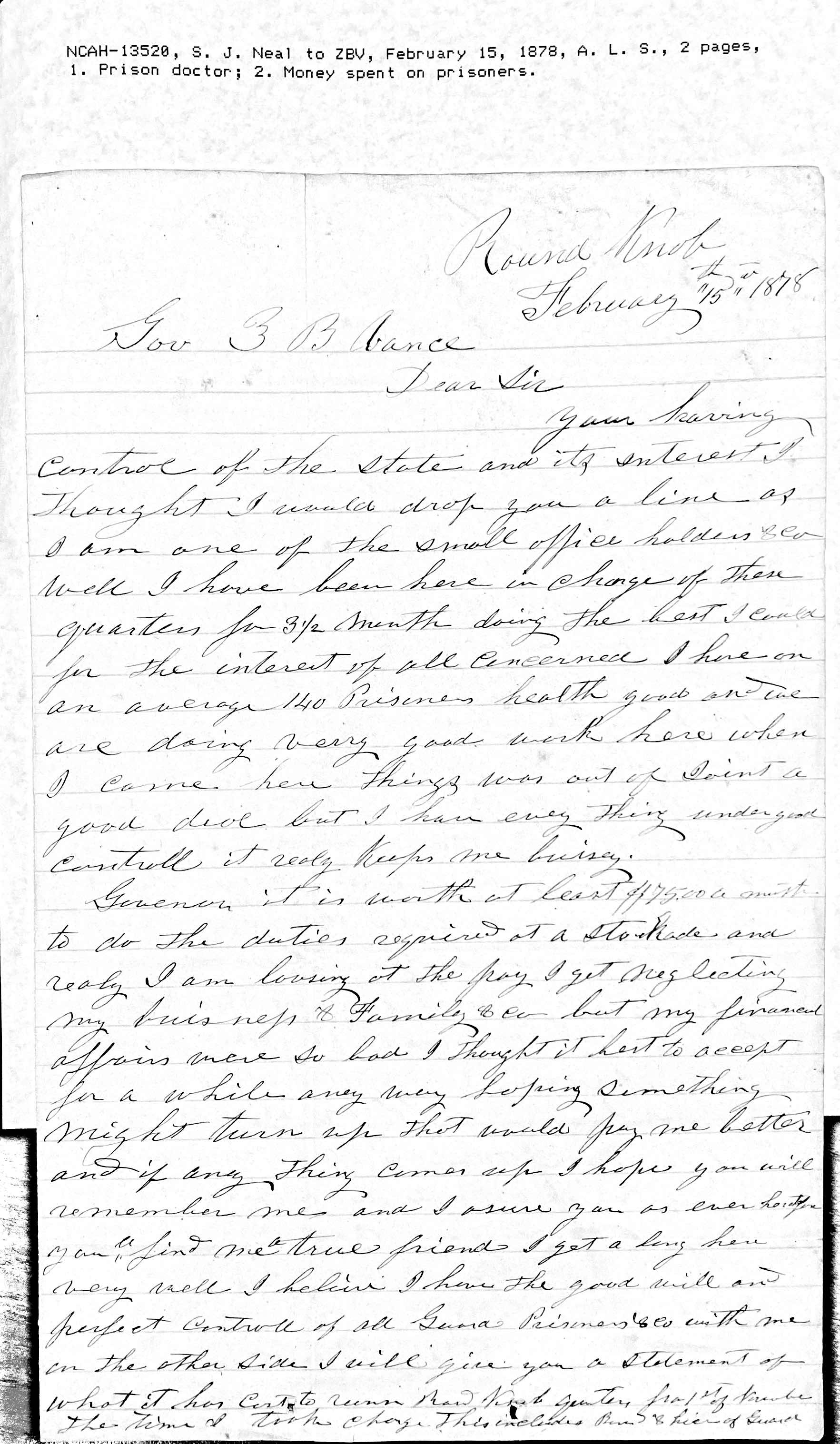 S J Neal To ZBV, 15 Feb 1878
