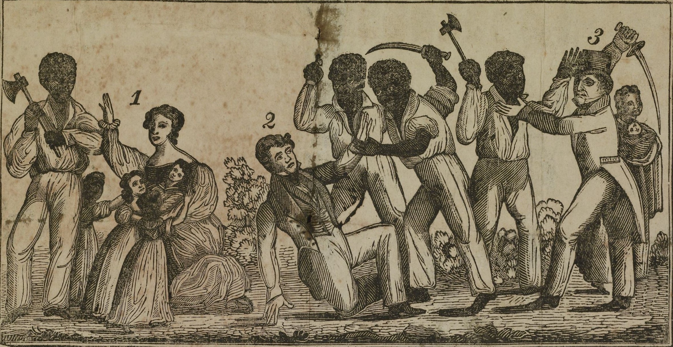 Engraving of a group of people of color attacking white men, women, and children