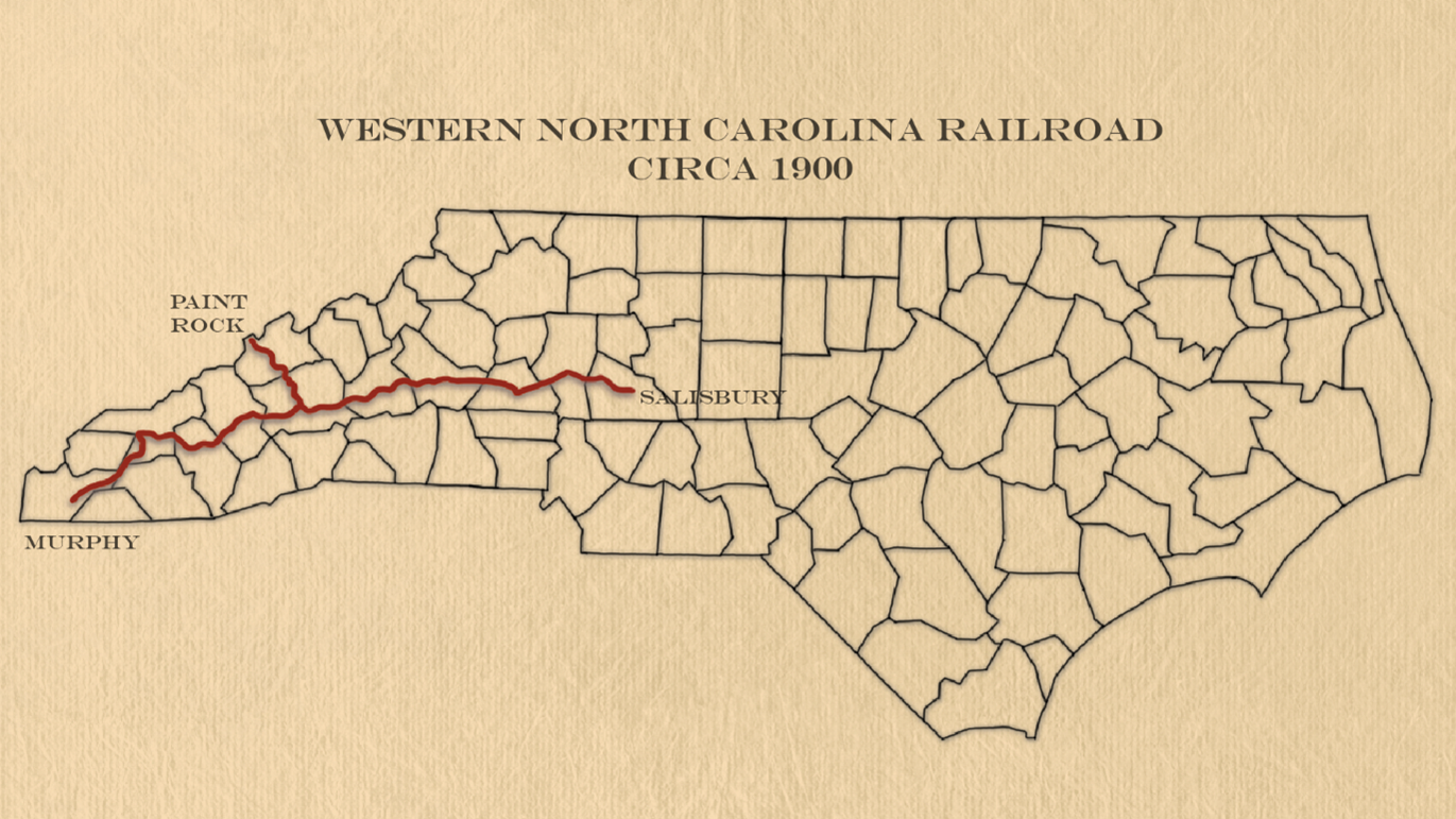 Map of the Western North Carolina Railroad, circa 1900. The route of the railroad, marked in red, extends west from Salisbury to Asheville, where it splits towards Murphy and Paint Rock.