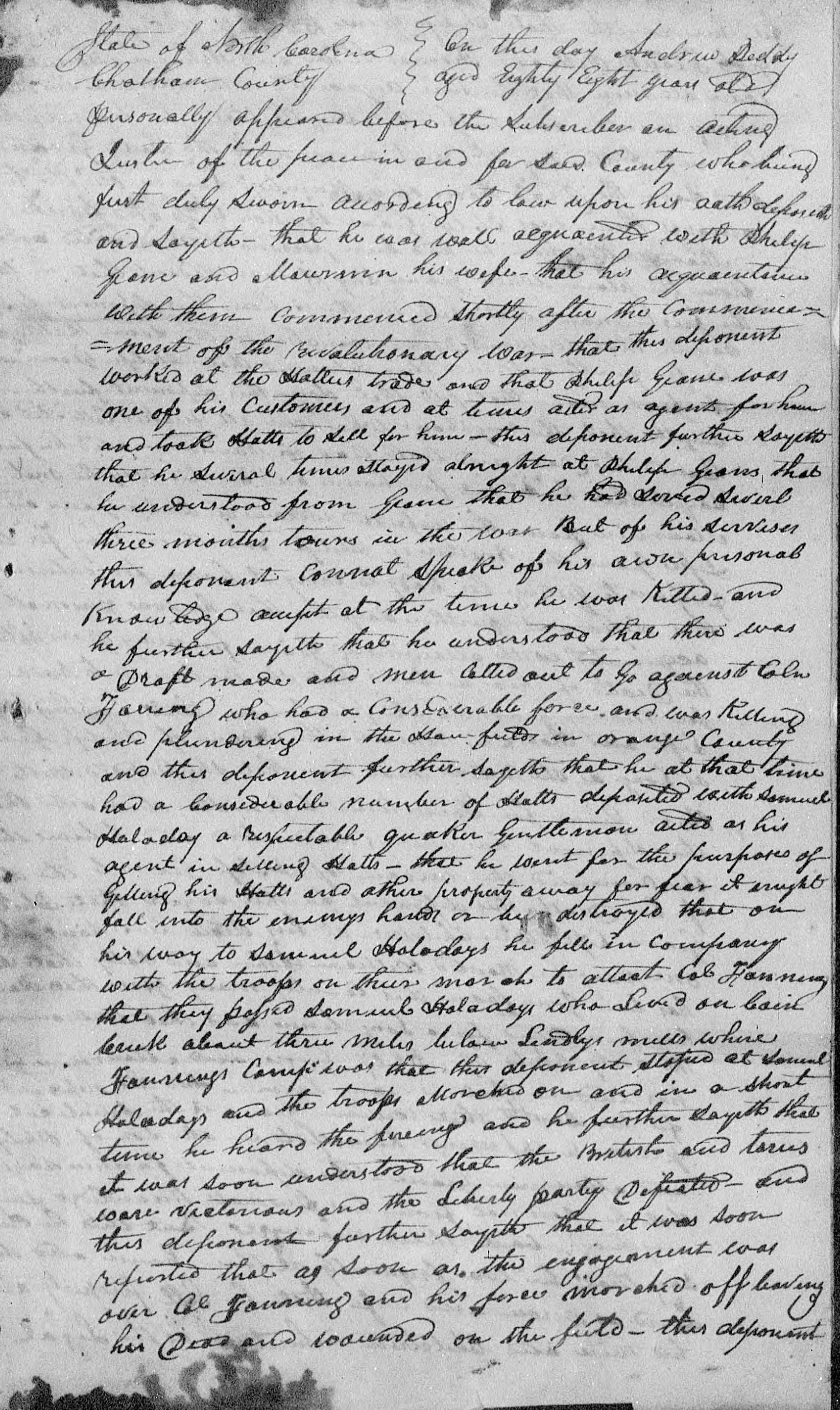 Affidavit of Andrew Peddy in support of a Pension Claim for Philip Geane, 5 January 1846, page 1