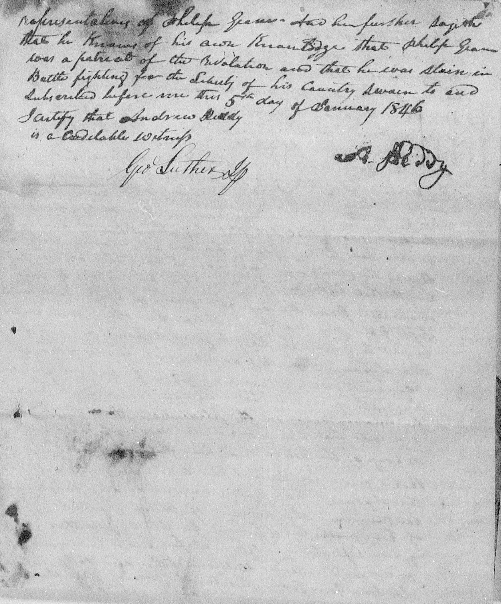 Affidavit of Andrew Peddy in support of a Pension Claim for Philip Geane, 5 January 1846, page 3