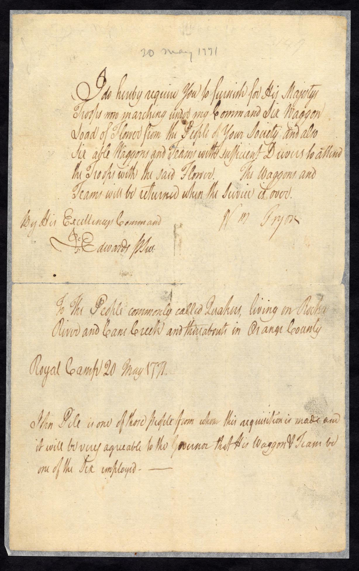 Letter from William Tryon to the Quakers, 20 May 1771
