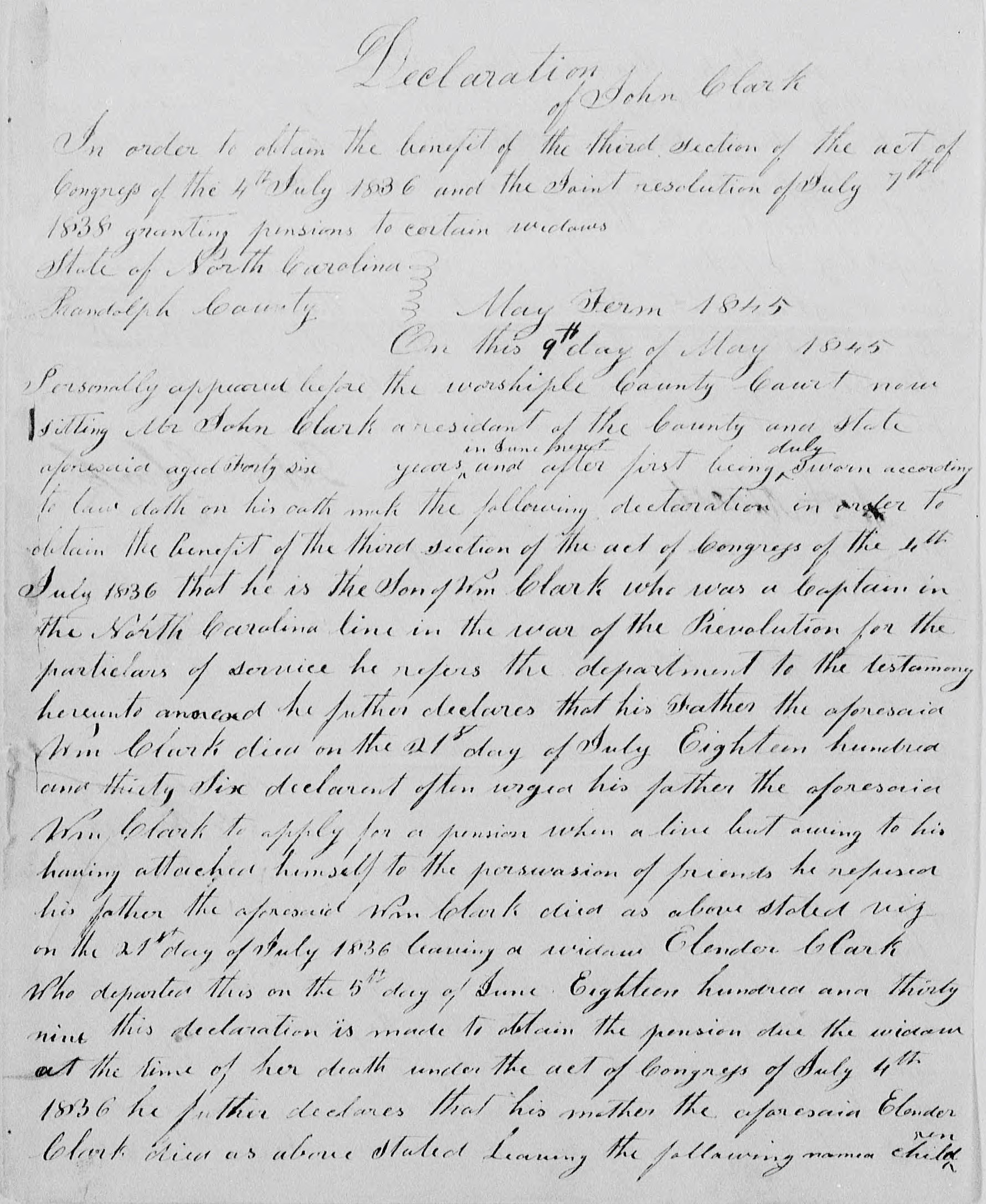 Application for a Veteran's Pension on Behalf of William Clark, 7-9 May 1845, page 1