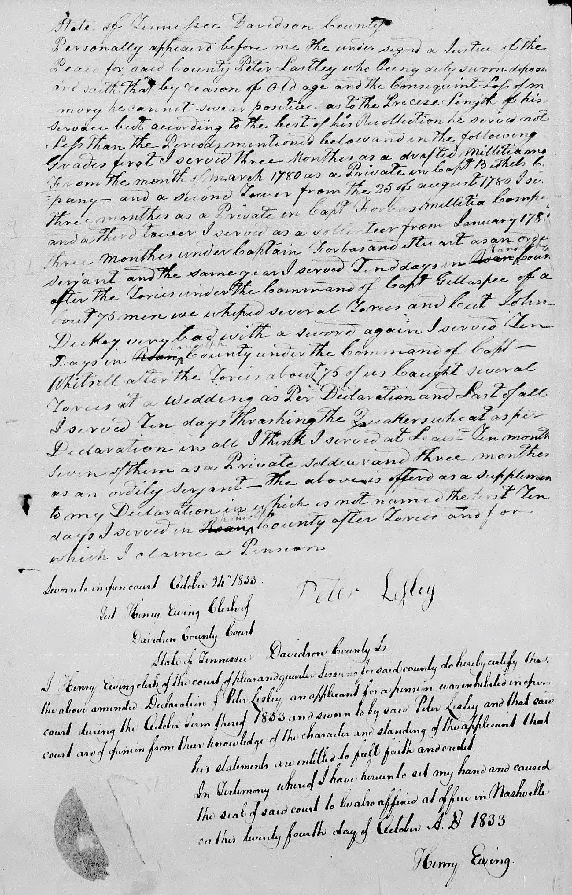 Application for a Veteran's Pension from Peter Lesley, 25 October 1832