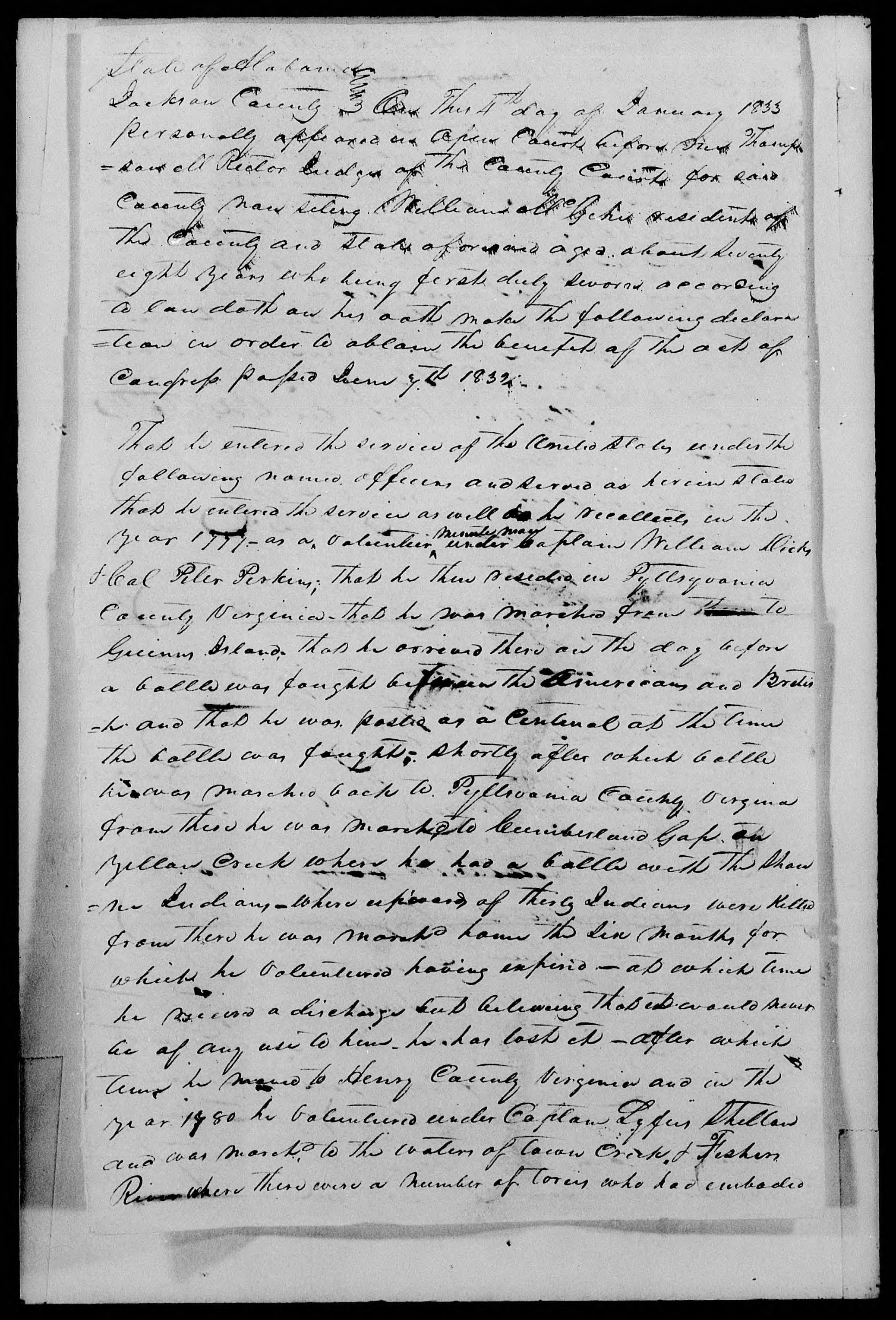 Application for a Veteran's Pension from William McGehe, 4 January 1833, page 1