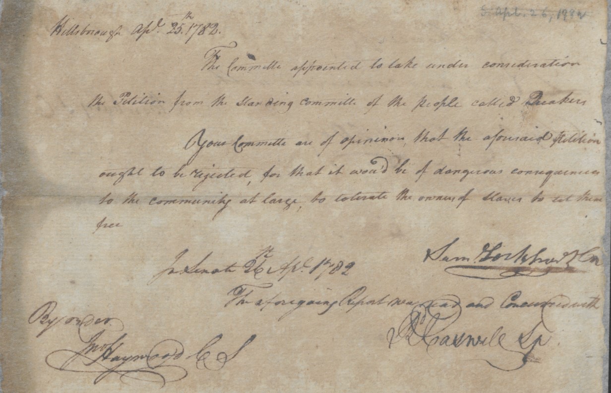 Message from Samuel Lockhart to the North Carolina State Senate, 25 April 1782, page 1