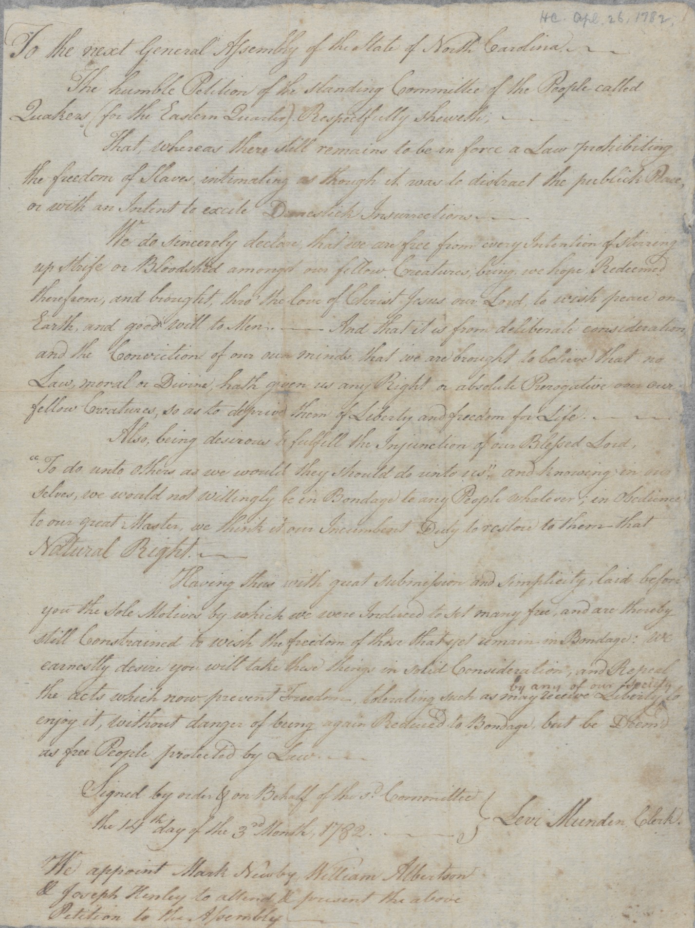 Petition from the Eastern Quarter of Quakers to the North Carolina General Assembly, 14 March 1782, page 1