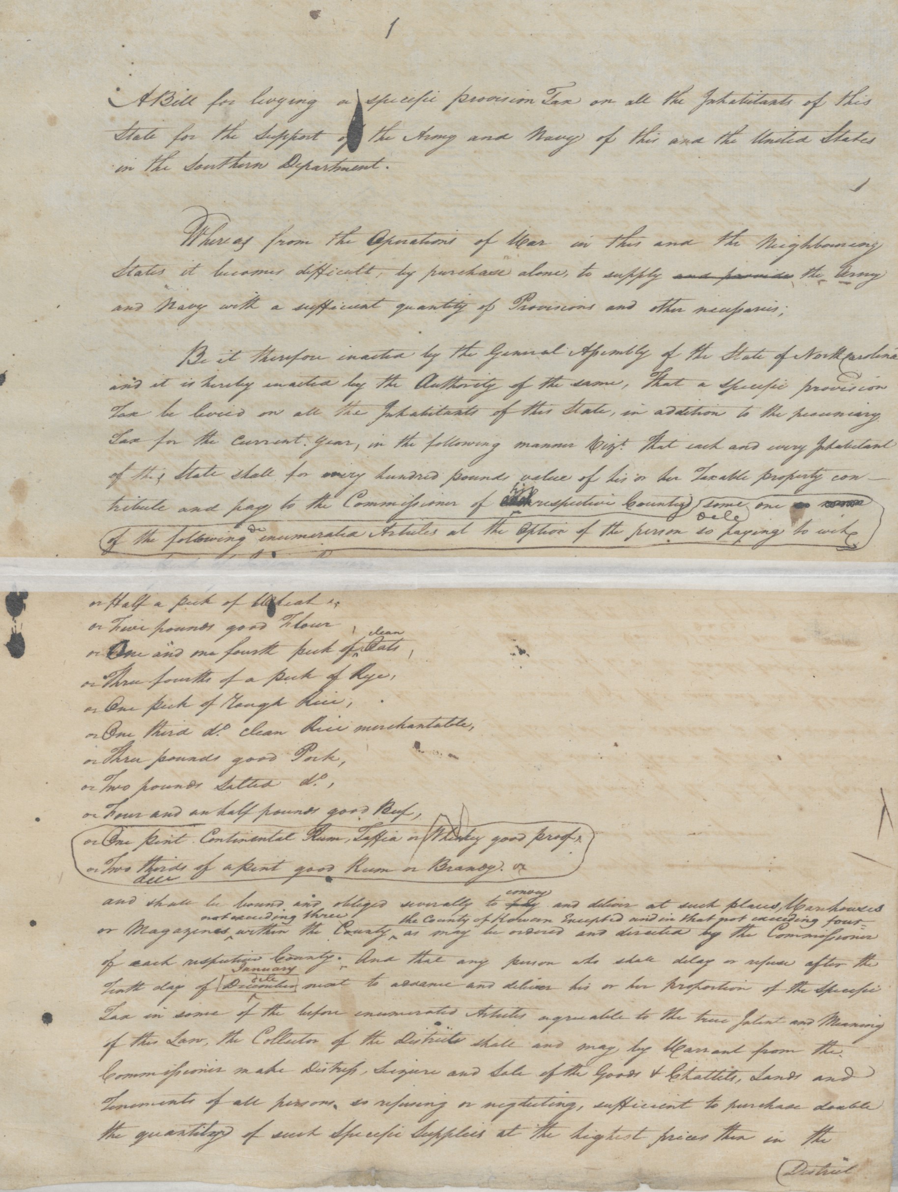 Bill Establishing a Specific Provision Tax from the North Carolina General Assembly, 6 September 1780, page 1