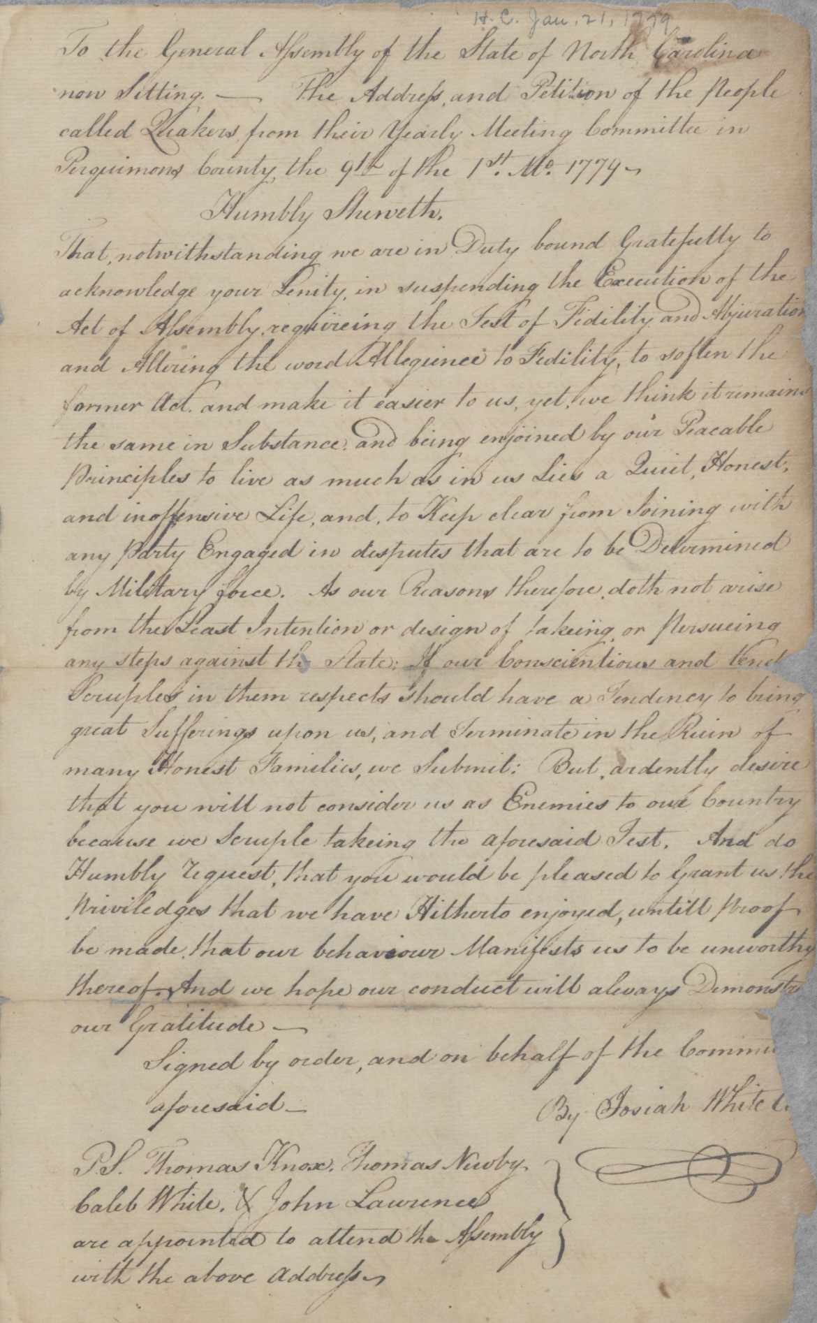 Petition from Perquimans County Quakers Regarding the Requirement for an Oath of Allegiance, 21 January 1779, page 1