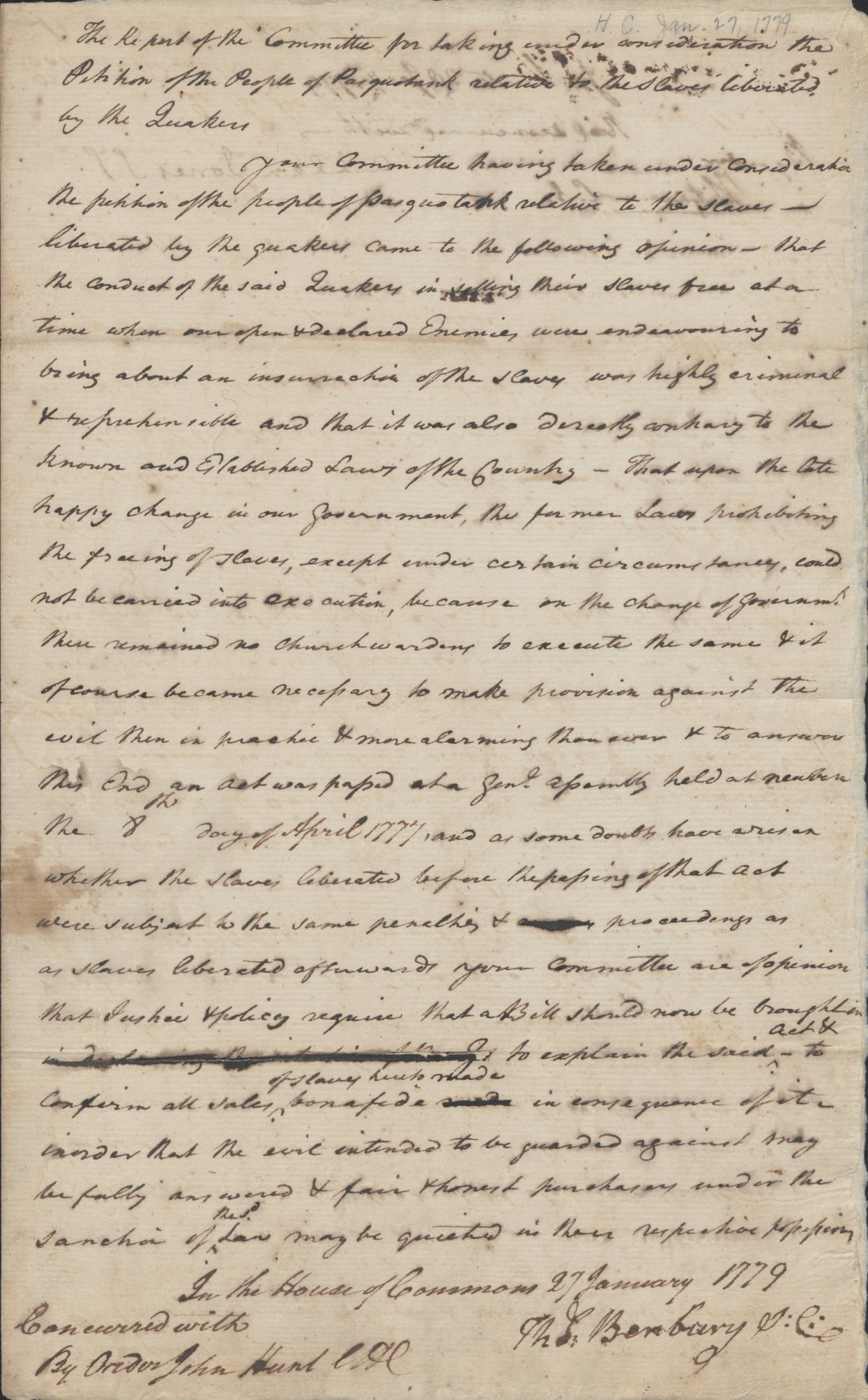 Report from the North Carolina General Assembly Regarding Petition from Pasquotank Quakers, 27-28 January 1779, page 1