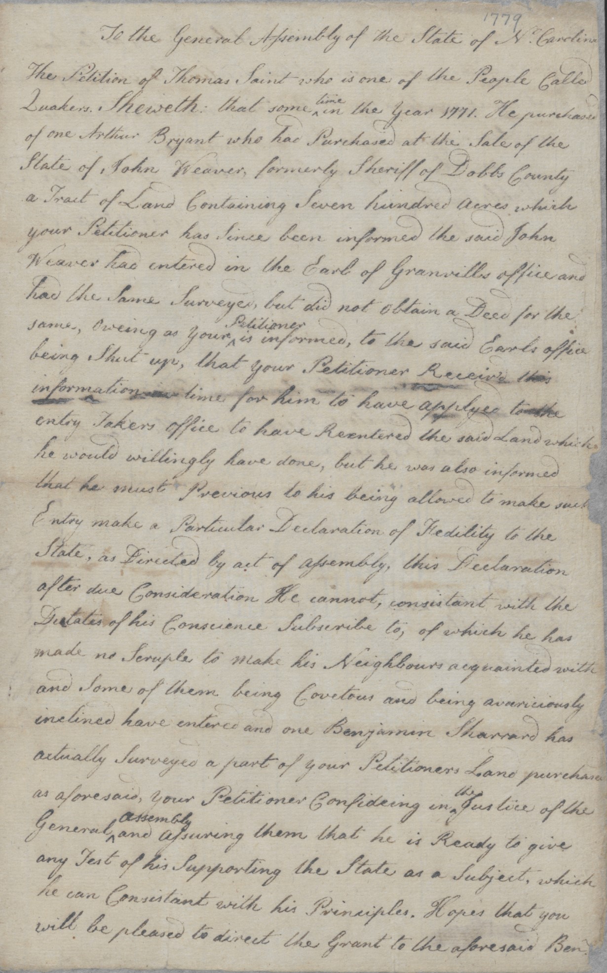 Petition from Thomas Saint to the North Carolina General Assembly, circa December 1778, page 1