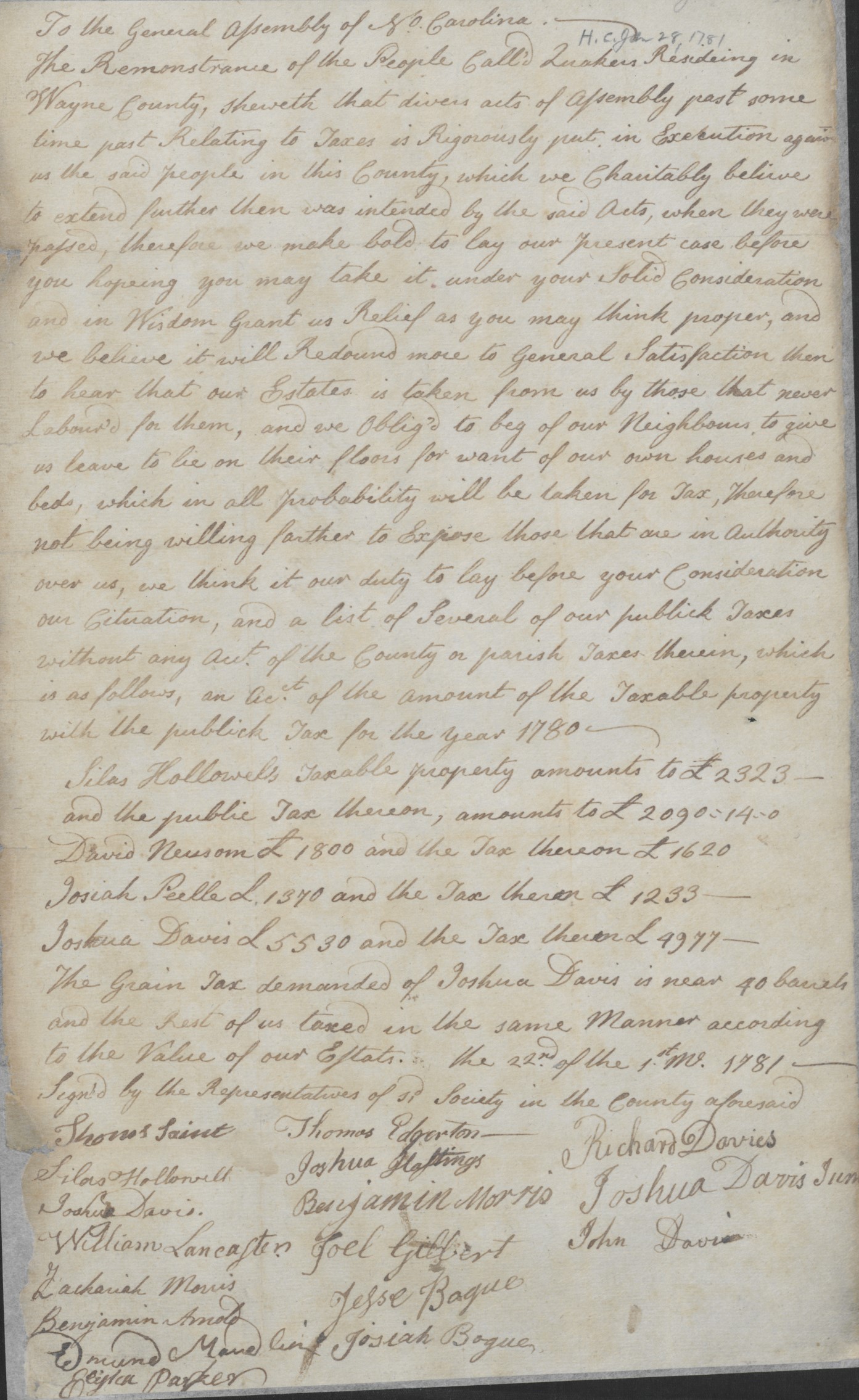 Petition from Wayne County Quakers to the North Carolina General Assembly, 28 January 1781, page 1