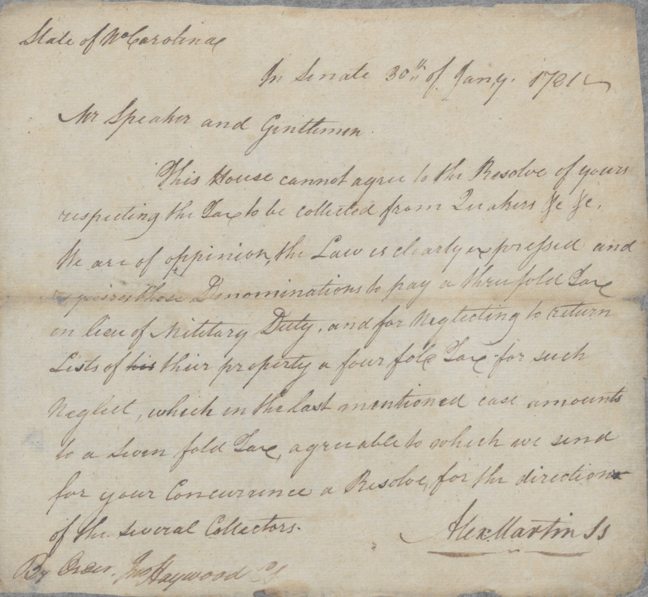 Message from Alexander Martin to the North Carolina General Assembly, 30 January 1781, page 1