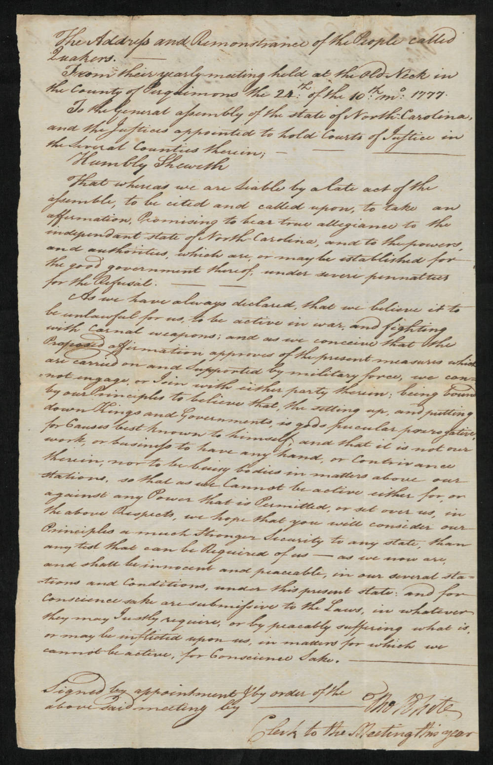 Petition from Perquimans County Quakers, circa October 1777, page 1
